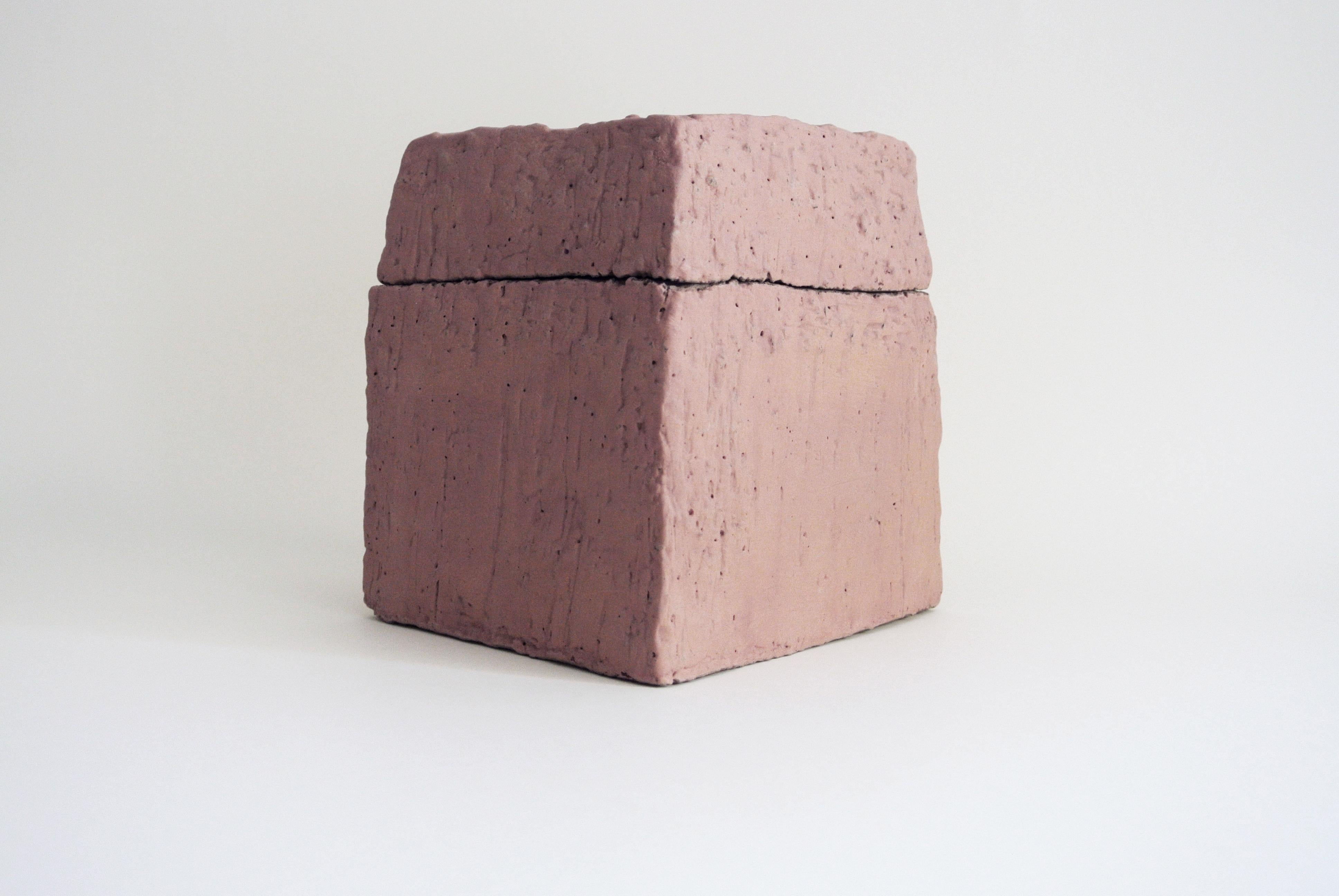 Rough, grey stoneware box with visible fire sand texture.
Glazed with pale, matte rose engobe, not glazed on the inside.
 