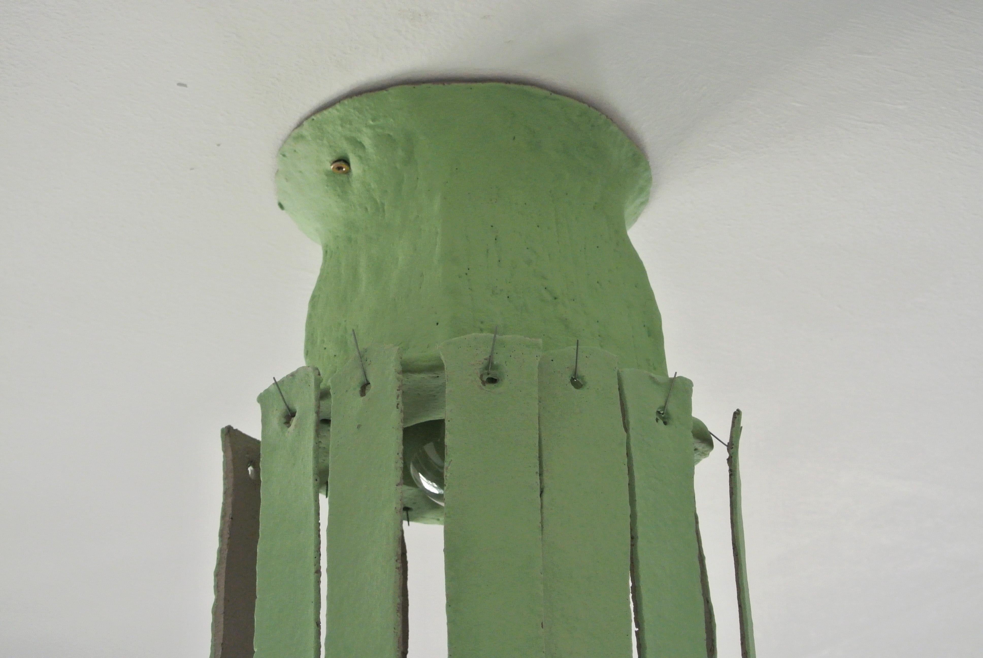 Hand-Crafted Grey Stoneware Ceiling Lamp with Lichen Green Englobe For Sale
