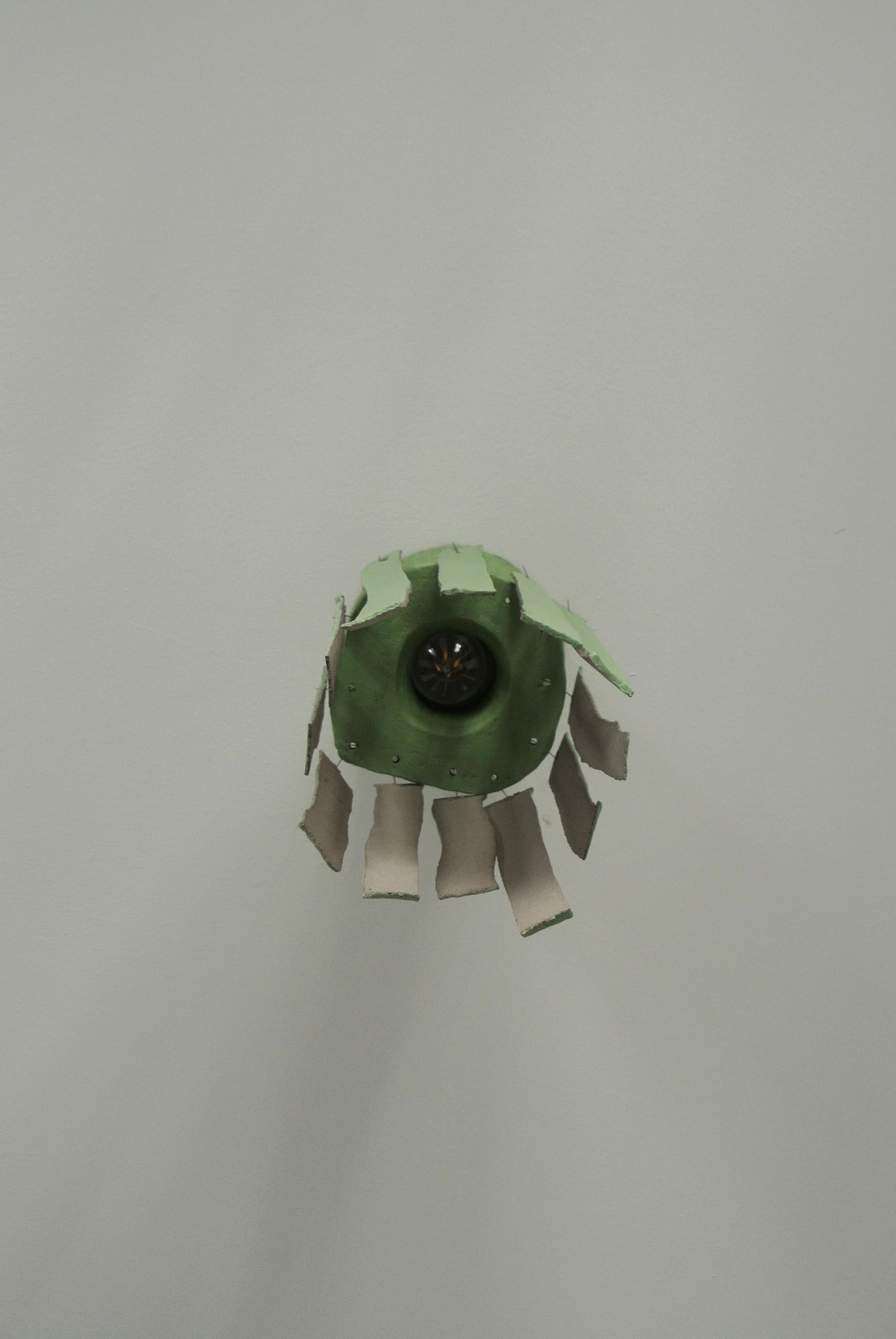 Grey Stoneware Ceiling Lamp with Lichen Green Englobe In New Condition For Sale In Berlin, DE