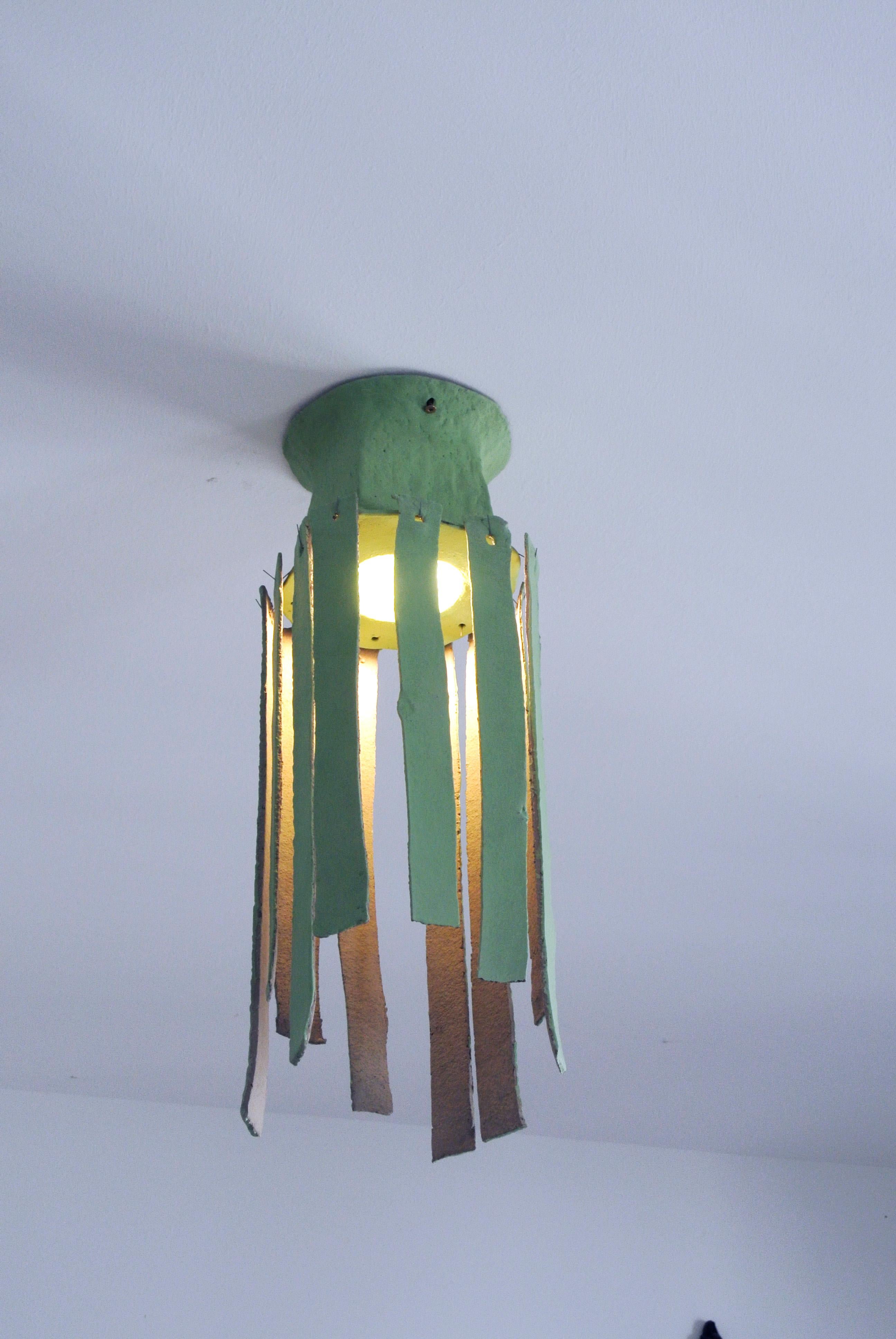 Contemporary Grey Stoneware Ceiling Lamp with Lichen Green Englobe For Sale