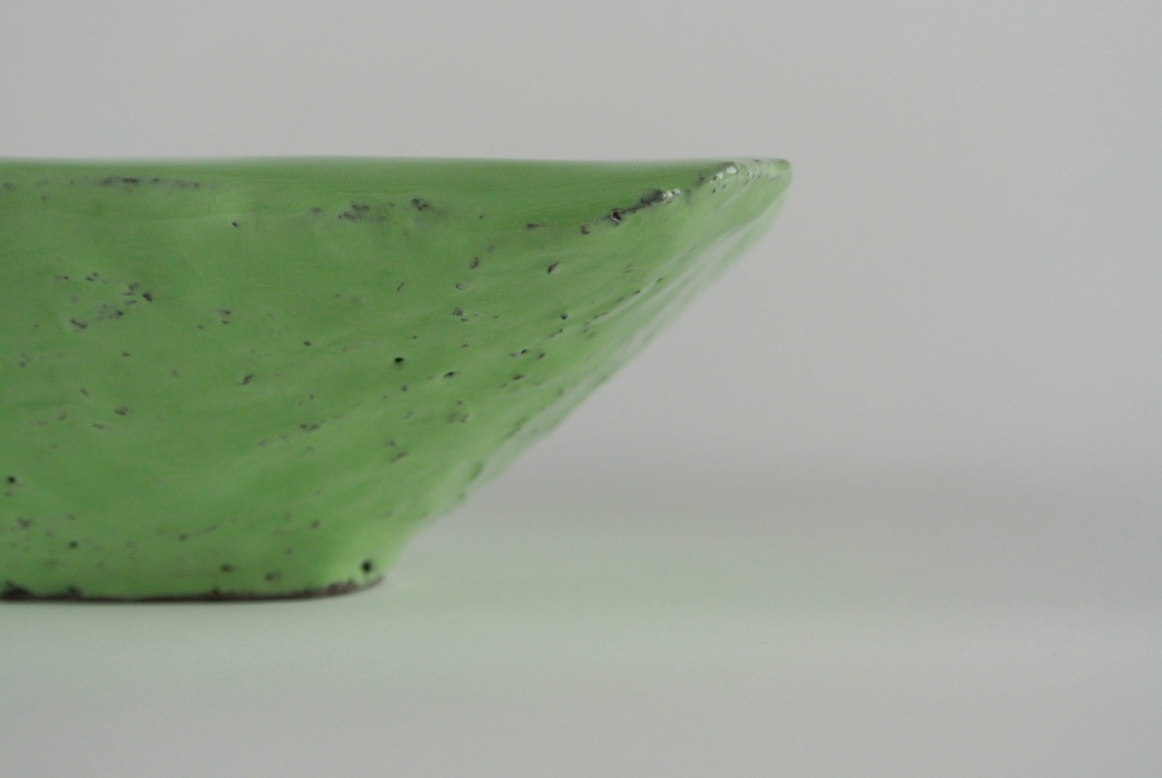 Carved Grey Stoneware Platform with Lichen Green Glaze and Black Fire Sand Texture