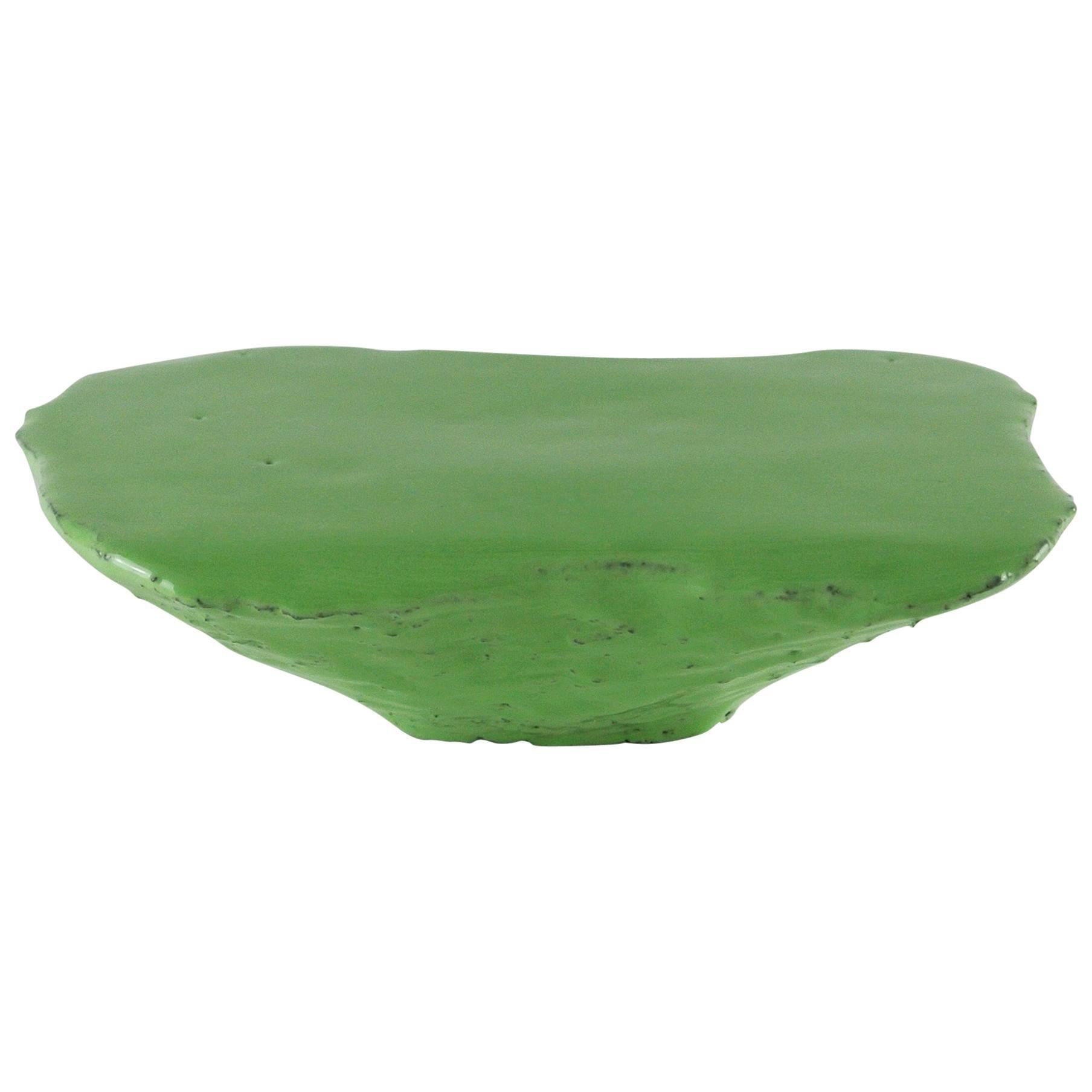Grey Stoneware Platform with Lichen Green Glaze and Black Fire Sand Texture