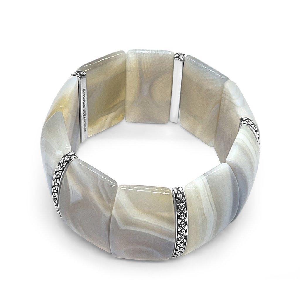 Artisan Grey Striped Agate Stretch Bracelet with Engraved Sterling Silver Spacers