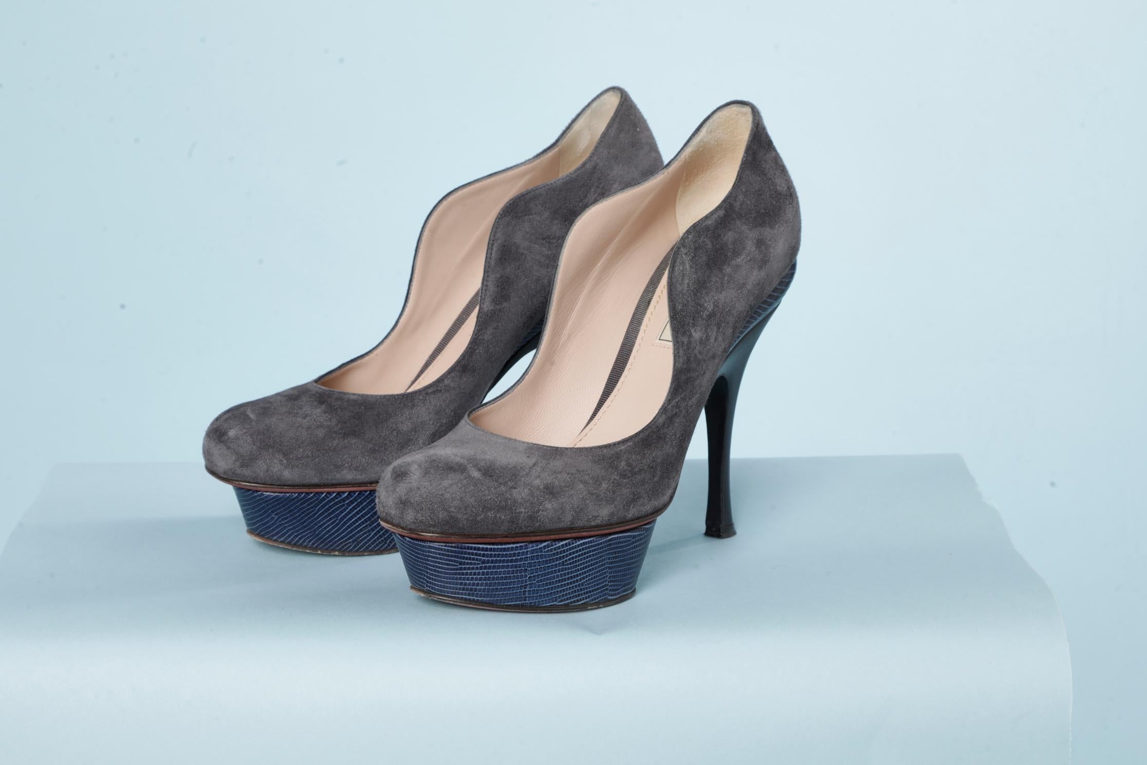 Women's Grey sued stiletto with blue lezard platform Nina Ricci  For Sale