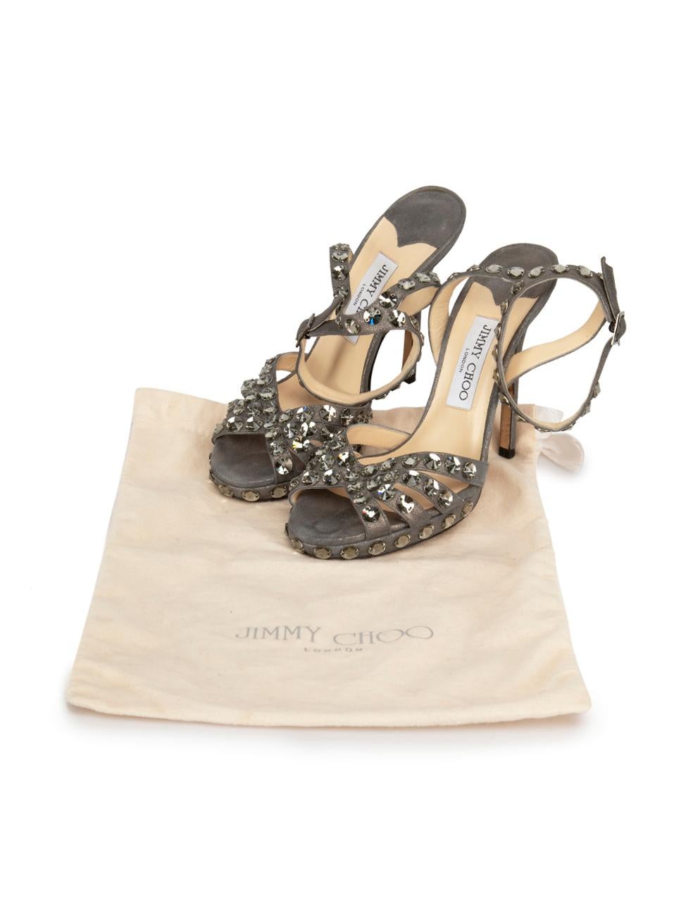 Grey Suede Leather Crystal Heeled Sandals Size IT 37 For Sale 1