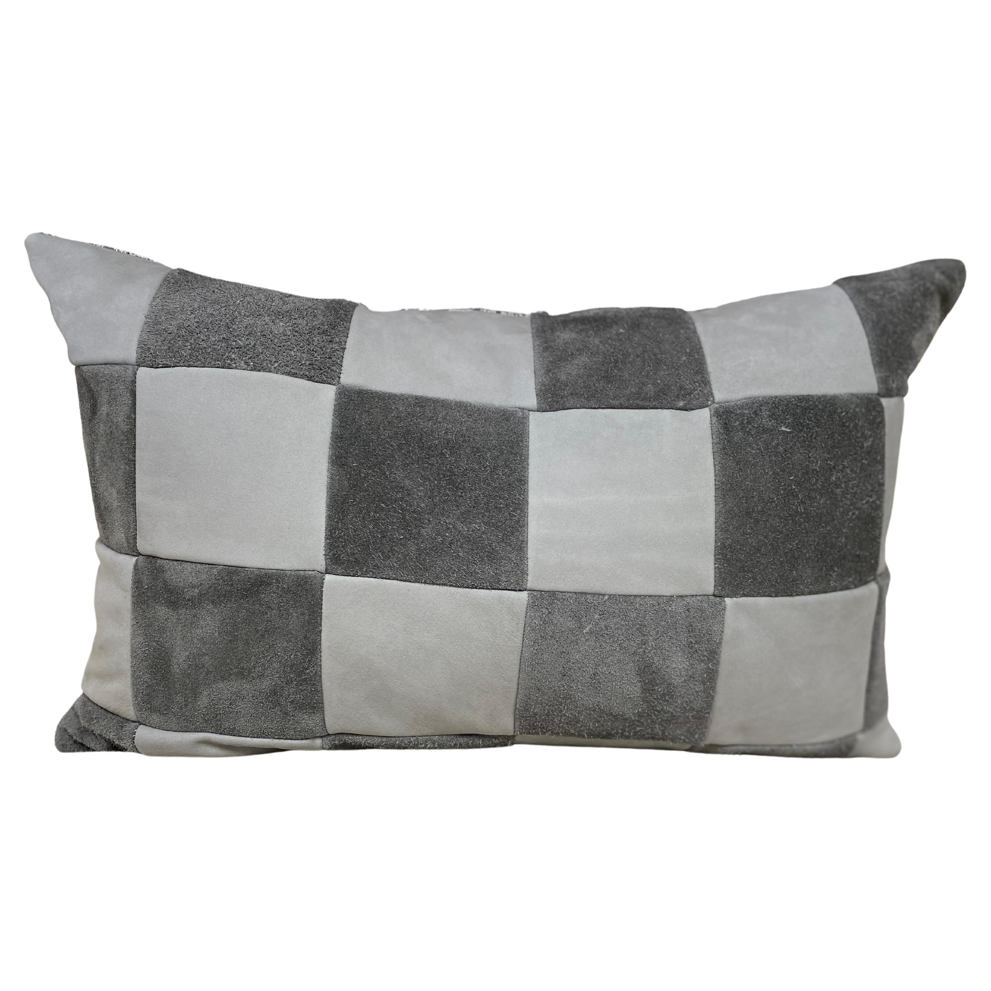 Grey Suede Side and Leather Side Checkerboard Pillow with Print Back 
