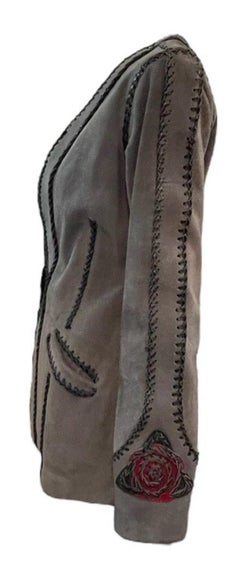Grey Suede Whip Stitch Jacket with Rose Medallion, 1970s