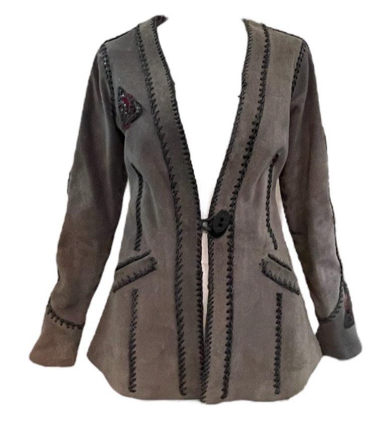 Graue Wildlederjacke mit Peitschennaht und Rosenmedaillon, 1970er Jahre im Angebot
