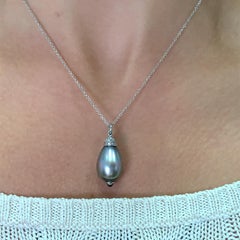 Grey Tahitian pear shaped pearl and diamond drop necklace 18k white gold