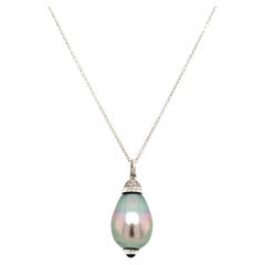 Grey Tahitian pear shaped pearl and diamond drop necklace 18k white gold