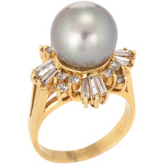 Grey Tahitian South Sea Pearl Diamond Ring Retro 18 Karat Yellow Gold 5.75