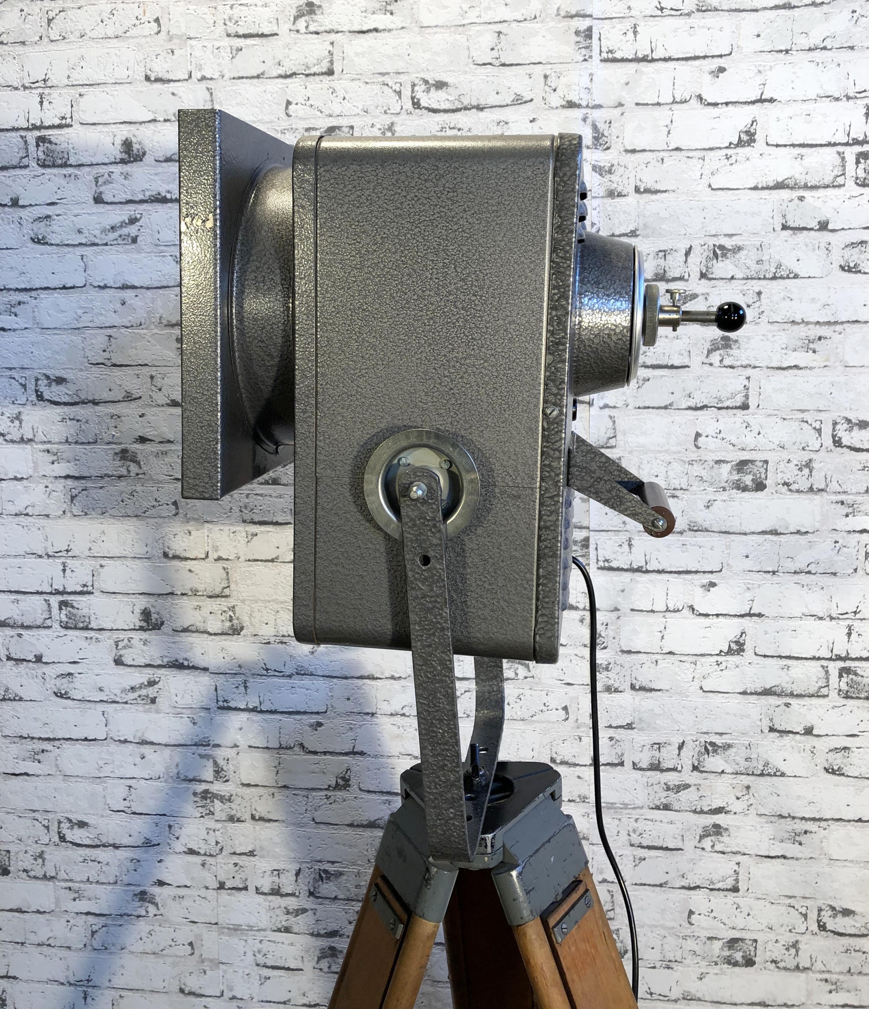 Industrial Grey Theater Spotlight on Wooden Tripod, 1980s For Sale