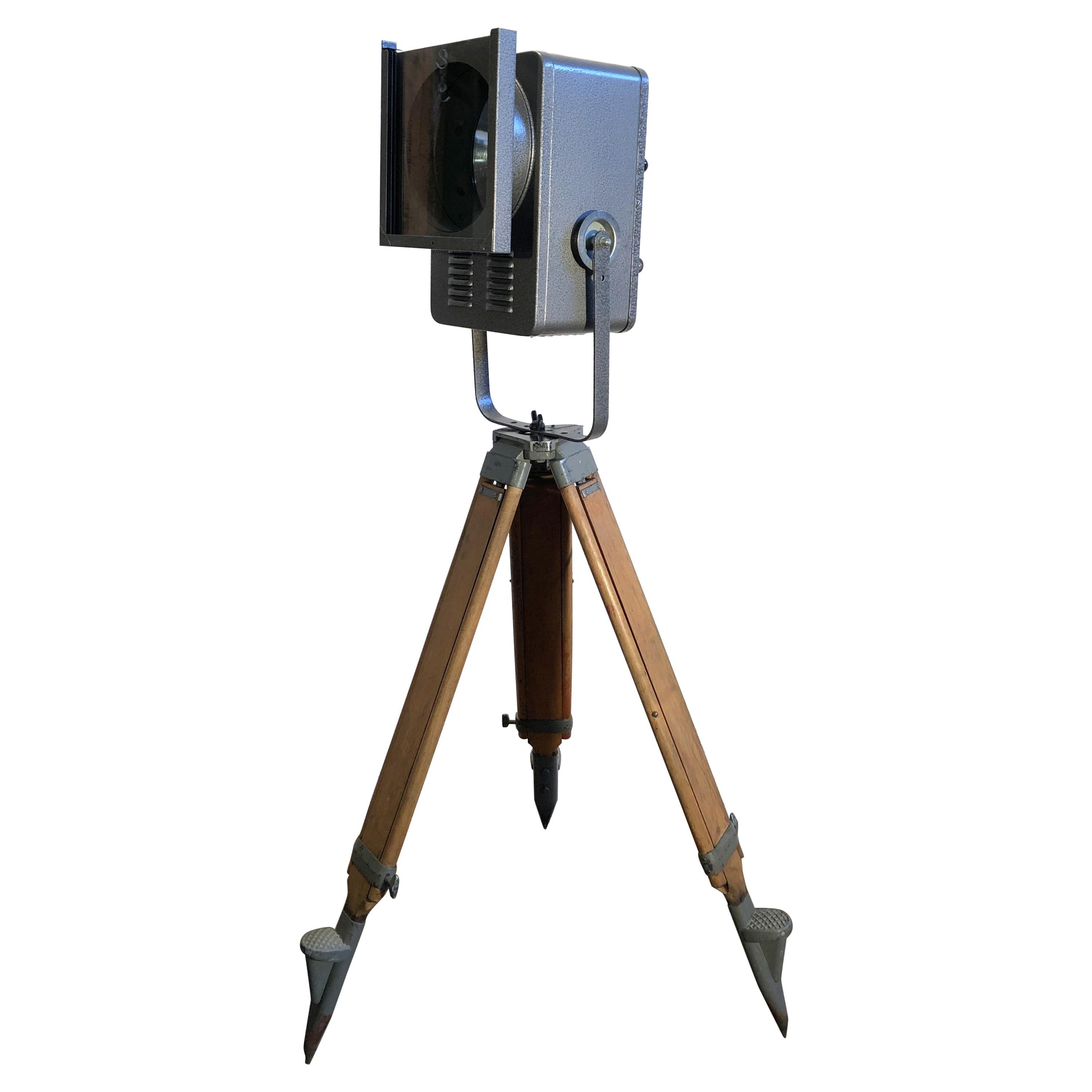 Grey Theater Spotlight on Wooden Tripod, 1980s For Sale