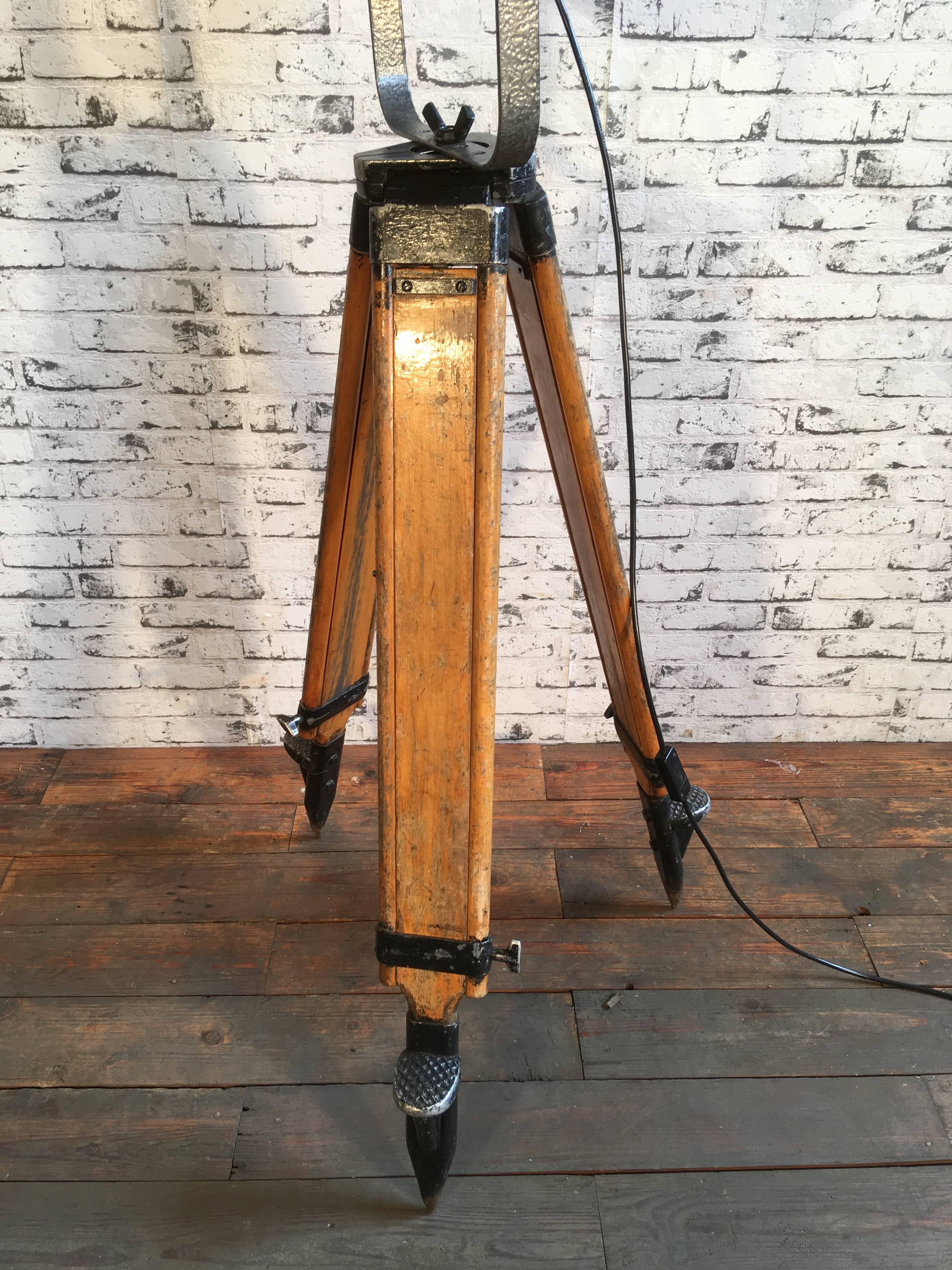 Industrial Grey Theatre Spotlight On Wooden Tripod, 1980s For Sale