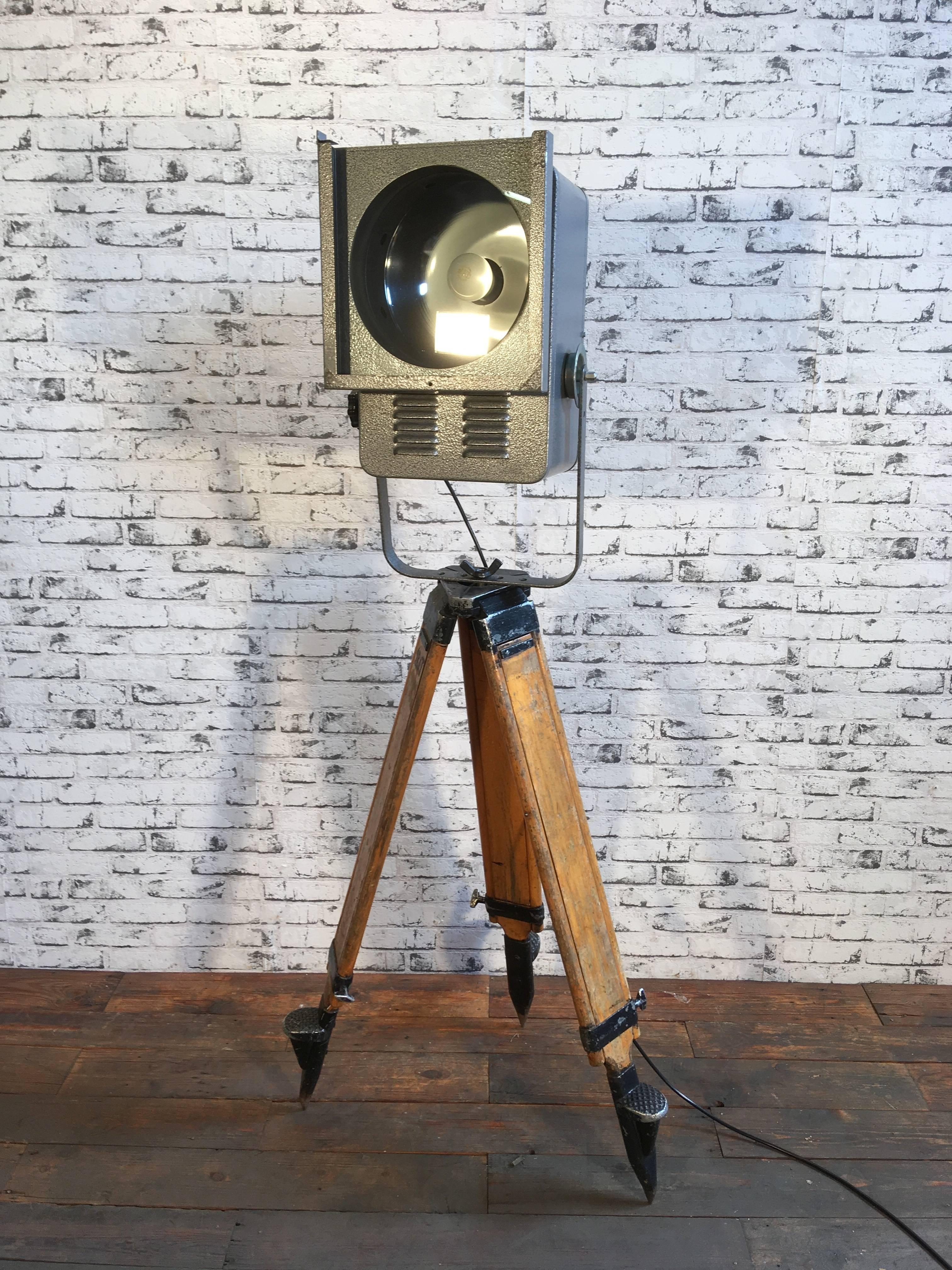 Czech Grey Theatre Spotlight On Wooden Tripod, 1980s For Sale