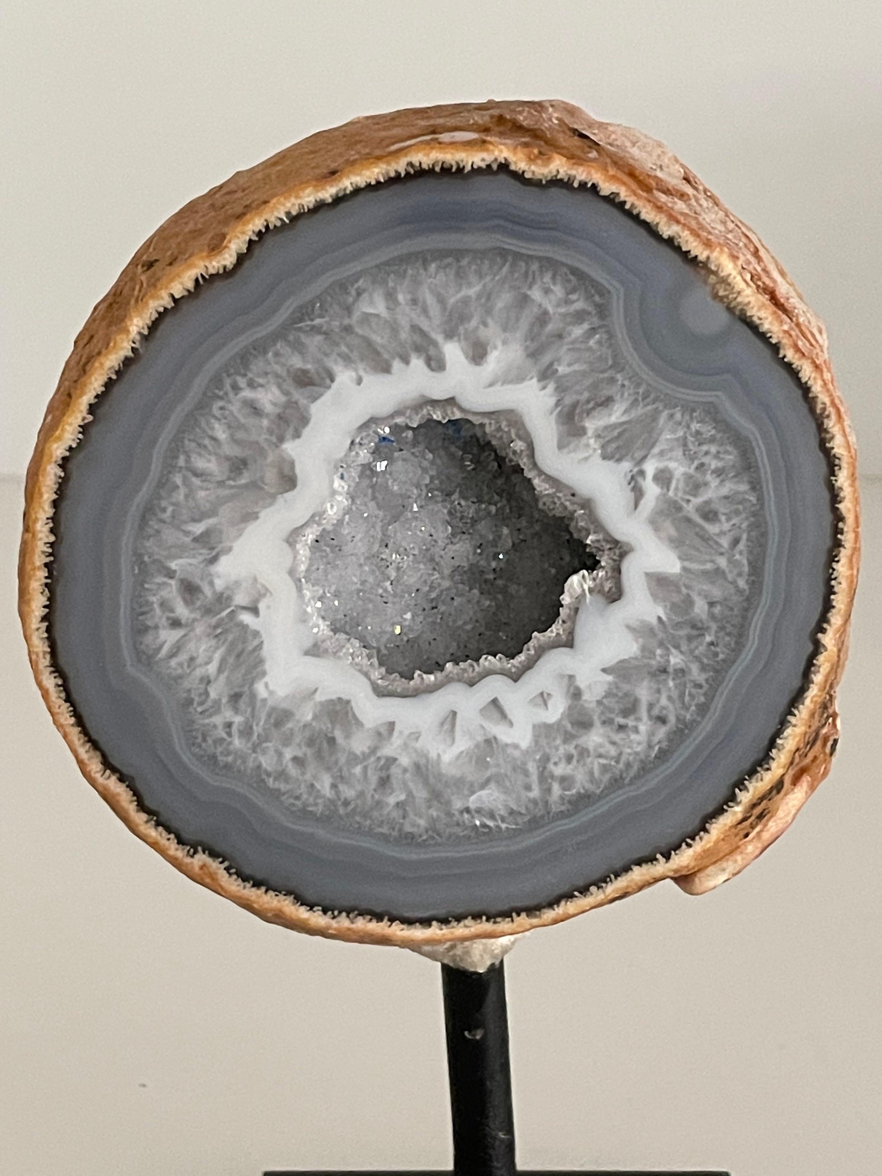Brazilian Grey Thick Slice of Agate Sculpture on Stand, Brazil, Prehistoric