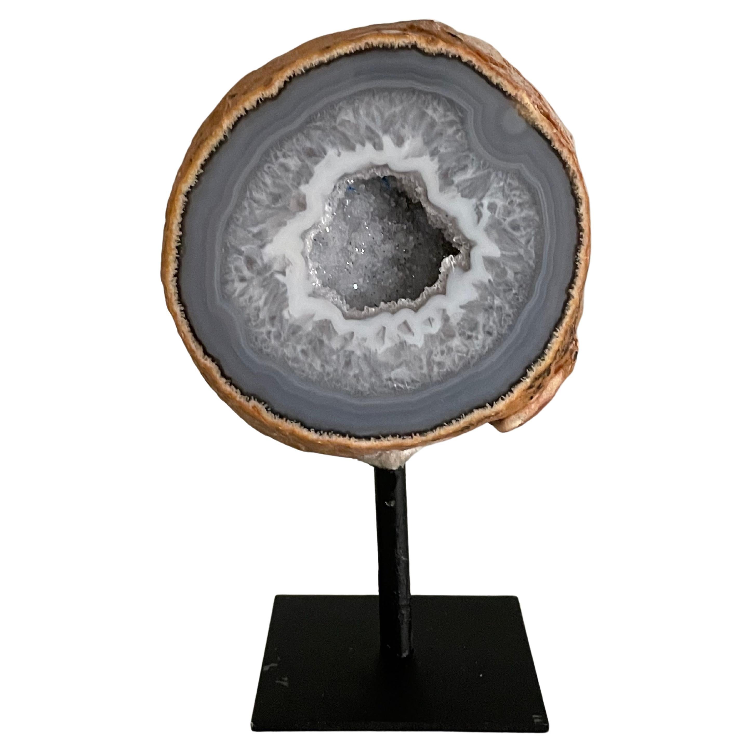 Grey Thick Slice of Agate Sculpture on Stand, Brazil, Prehistoric