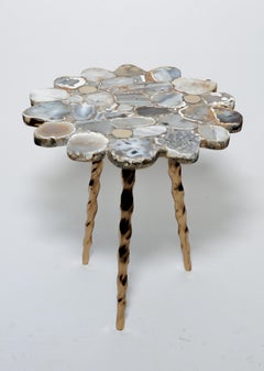 Grey Tones of Natural Stone Table Top with Three Metal Base Legs