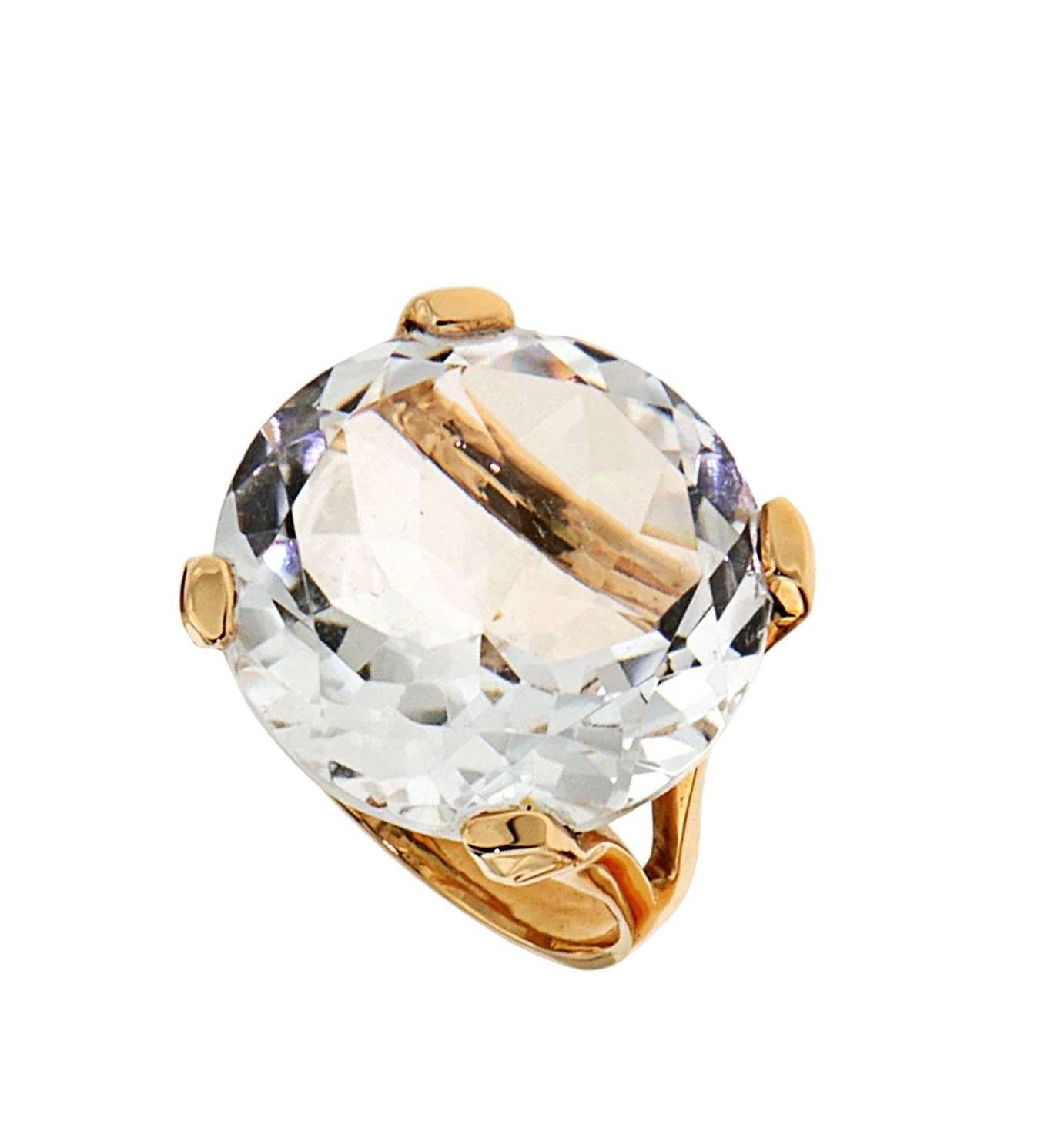 Round Cut Grey Topaz Rock Crystal 18 Karat Rose Gold Cocktail Ring Handcrafted in Italy