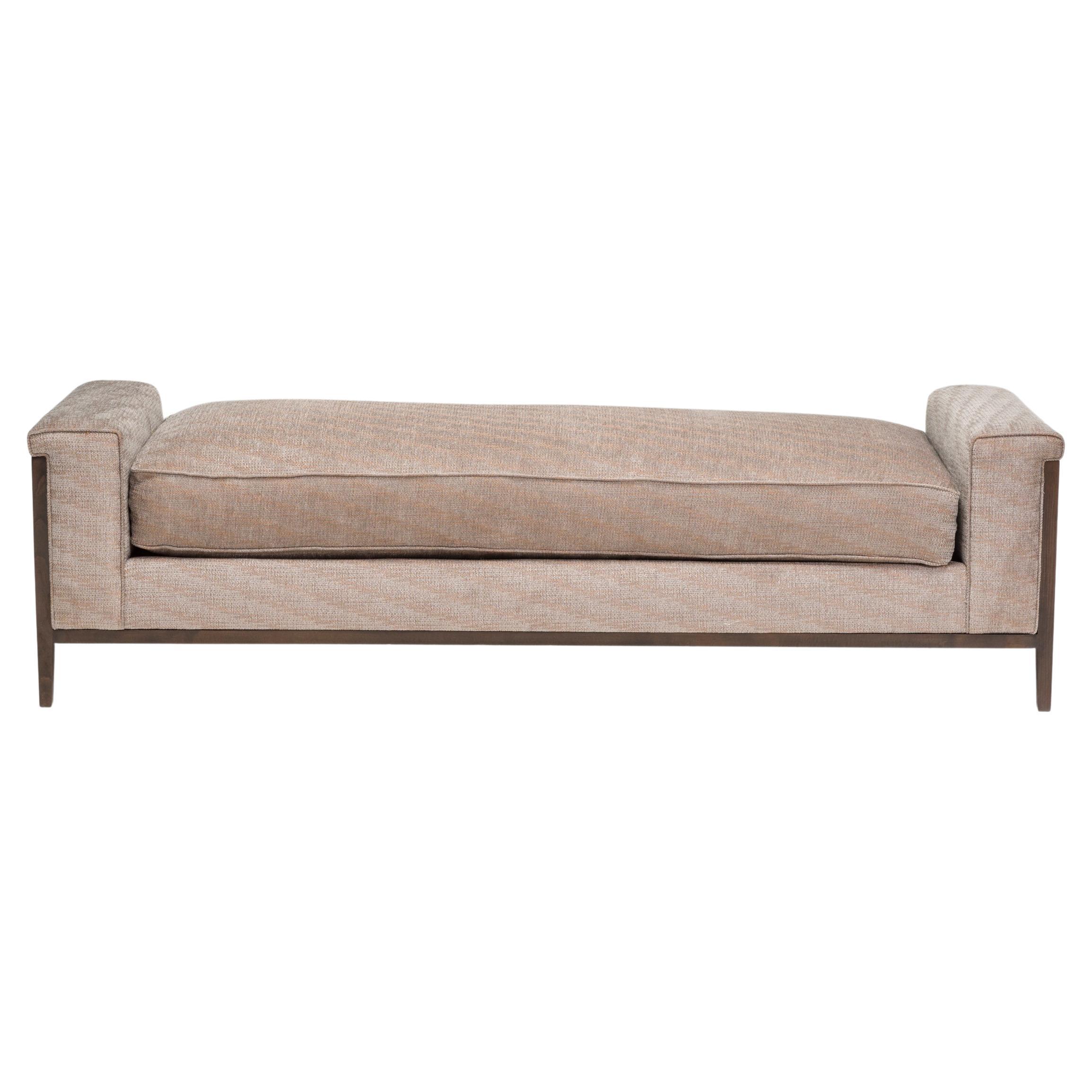 Grey Upholstered Bench with Carved Wooden Frame
