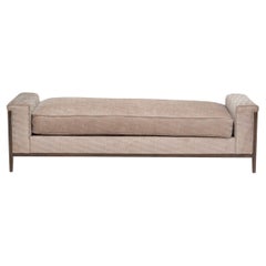 Grey Upholstered Bench with Carved Wooden Frame