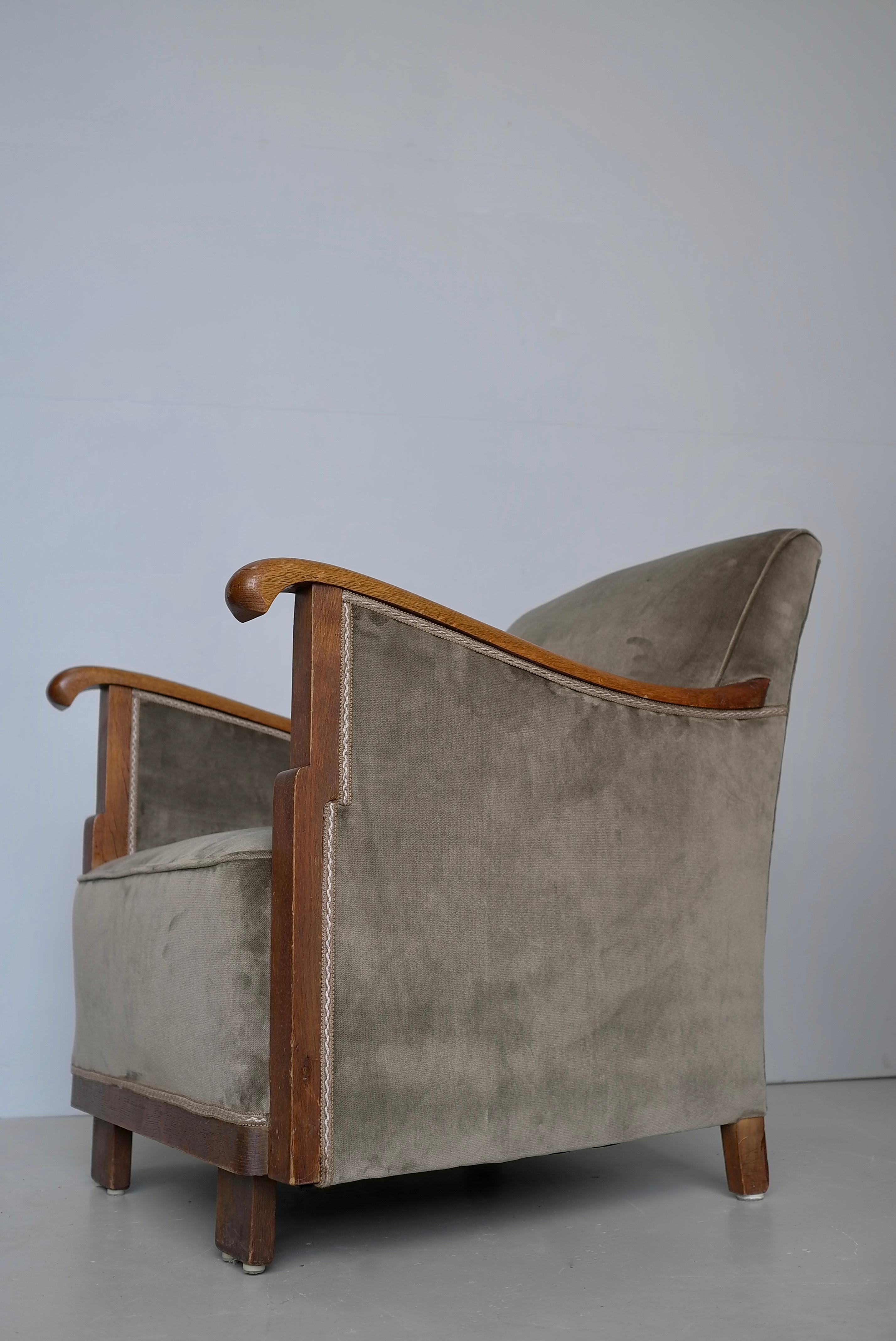 Olandese Sedia da salotto Art Deco in velluto grigio e Oak, Paesi Bassi, anni '30 in vendita