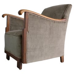 Grey Velvet and Oak Art Deco Lounge Chair, The Netherlands 1930's