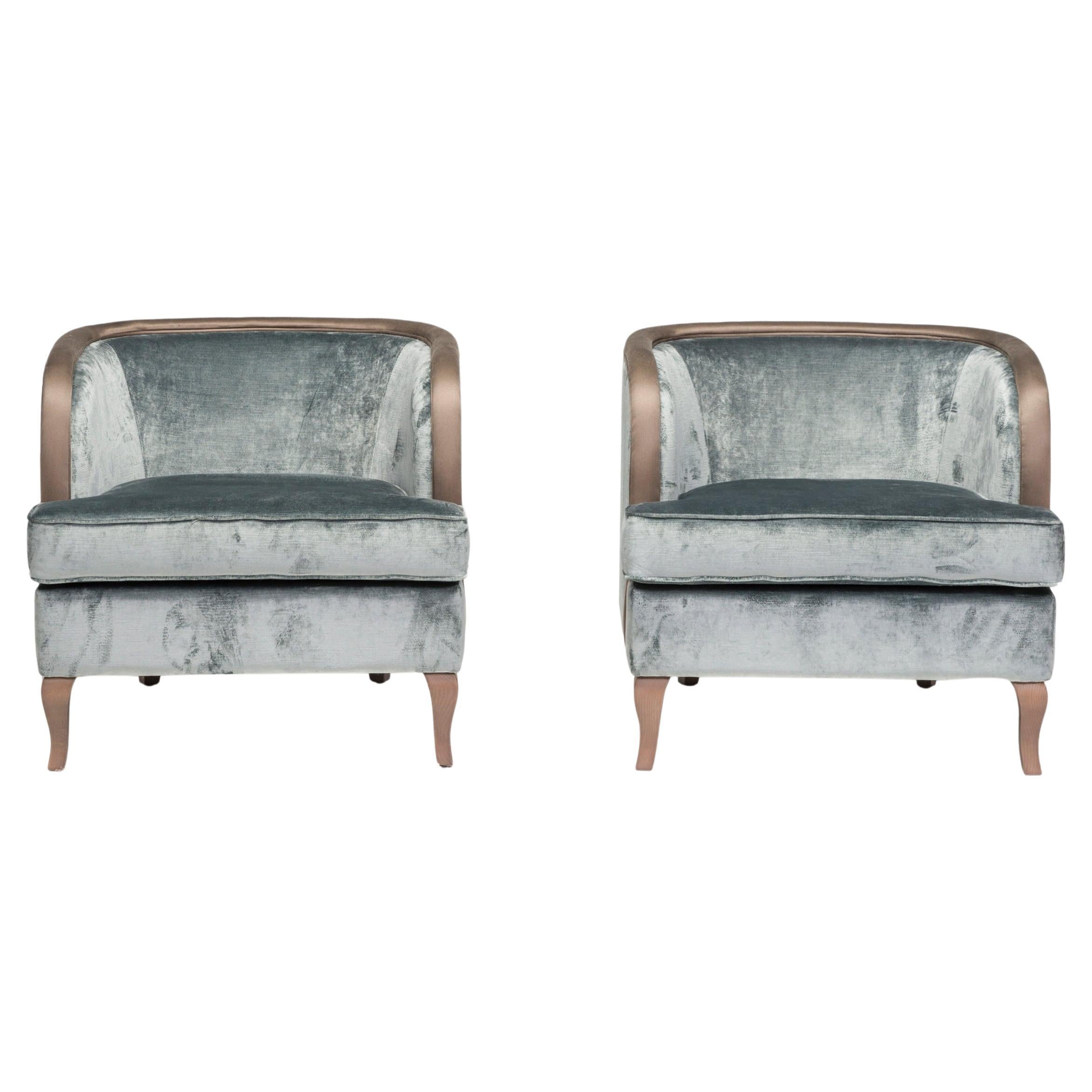 Grey Velvet Armchairs with Gilded Arms, Set of Two For Sale