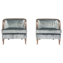 Fauteuils en velours gris avec bras dorés, lot de deux