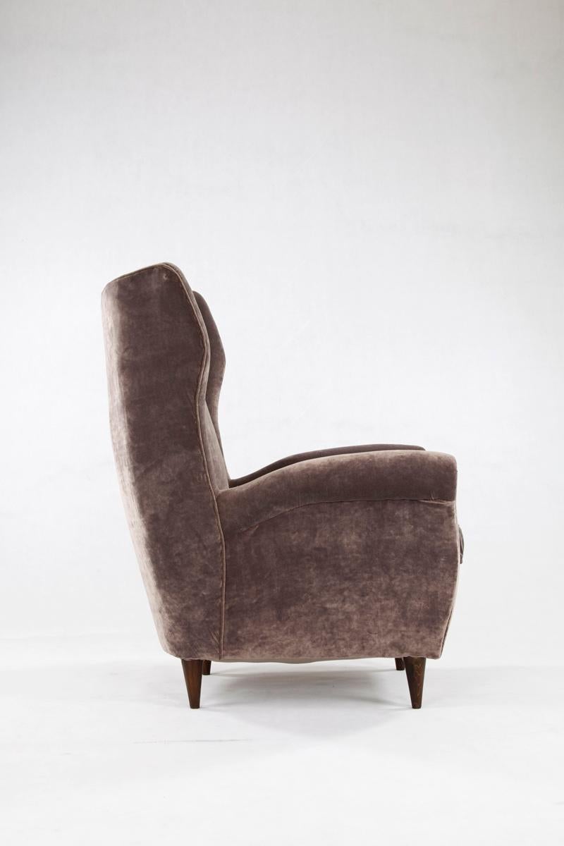 Mid-Century Modern Grey Velvet Italian Armchair in the Style of Gio Ponti