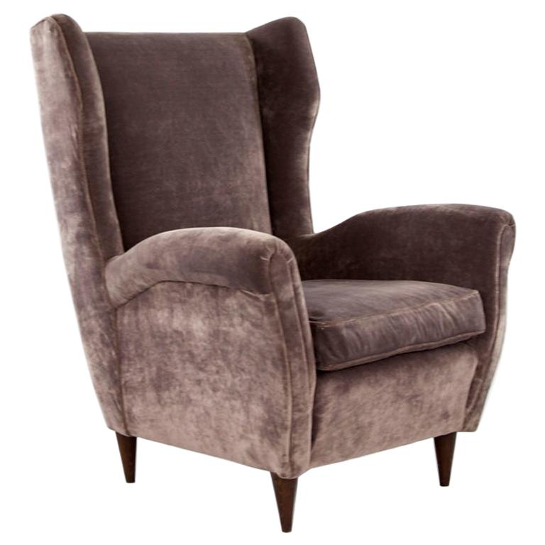 Grey Velvet Italian Armchair in the Style of Gio Ponti