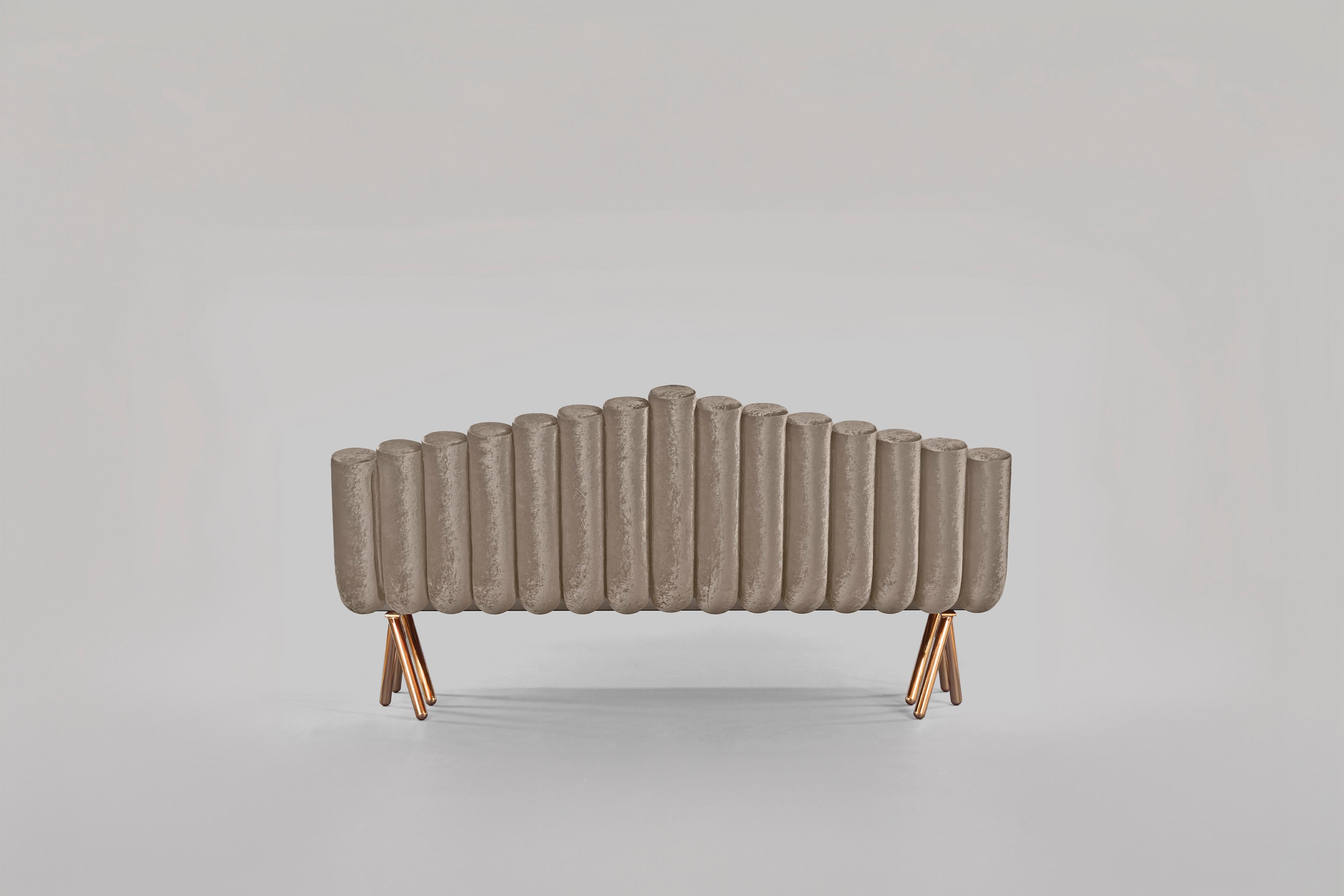 Art Deco Grey Velvet Sofa With Polished Brass Legs For Sale