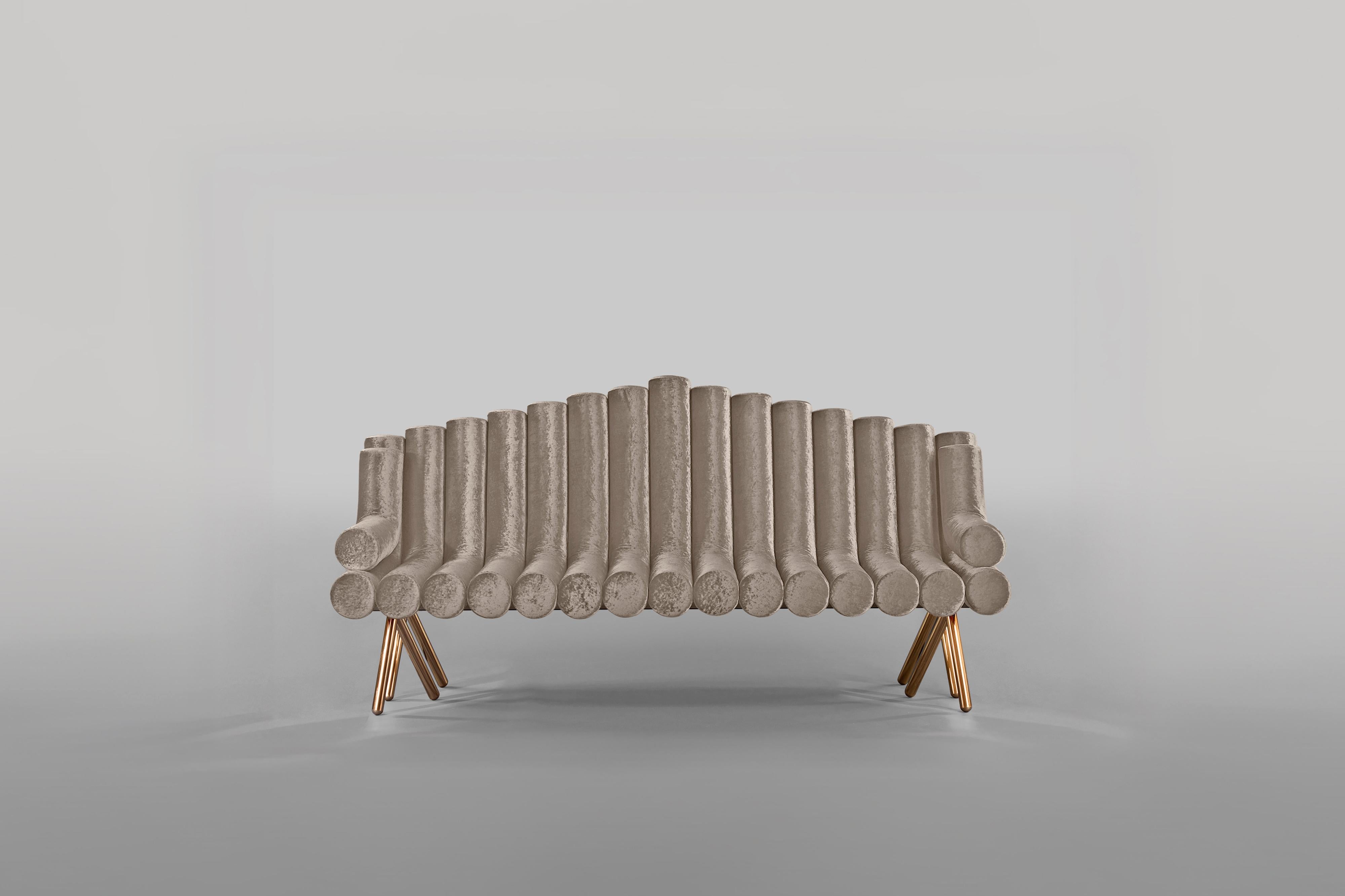 American Grey Velvet Sofa With Polished Brass Legs For Sale