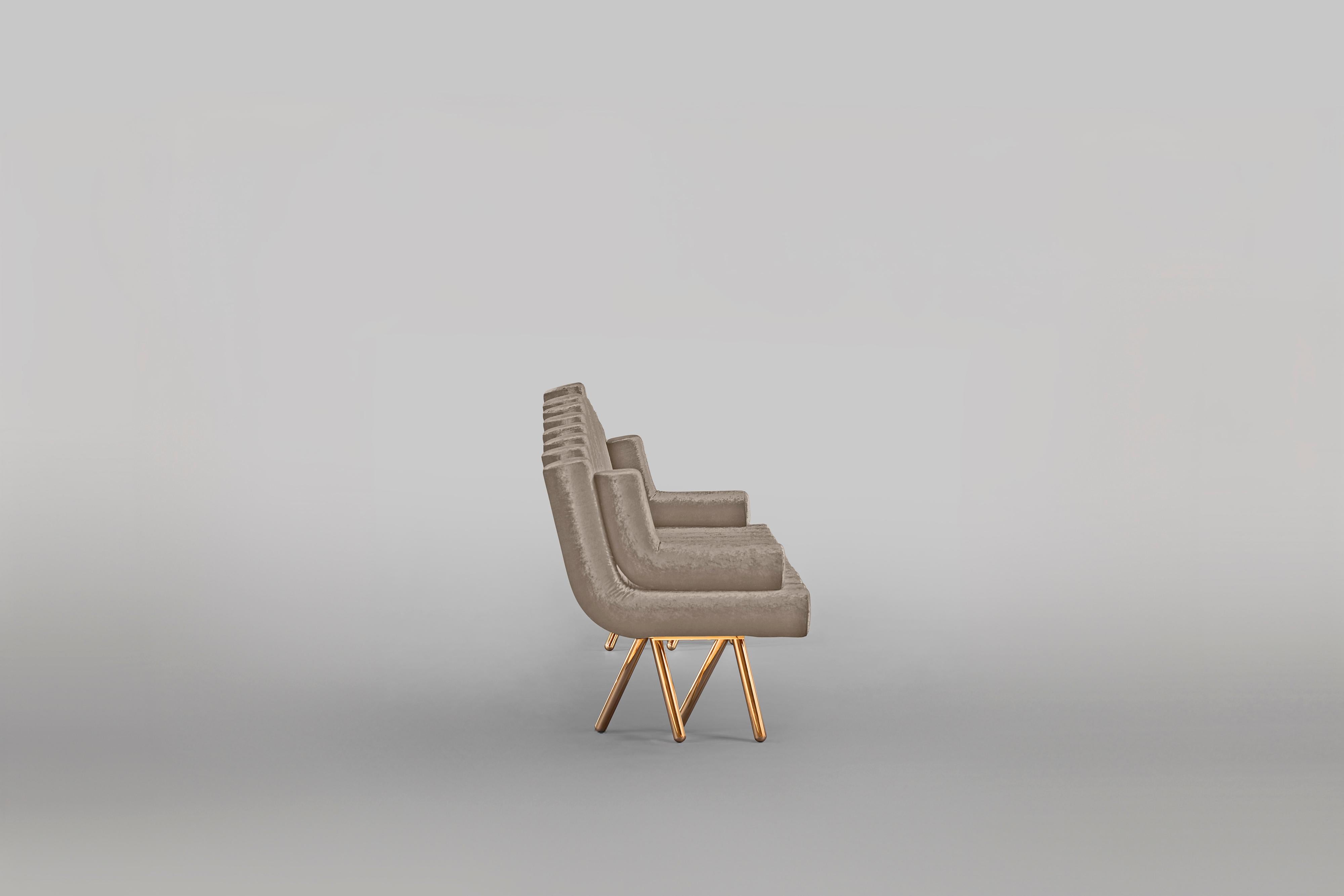 Contemporary Grey Velvet Sofa With Polished Brass Legs For Sale