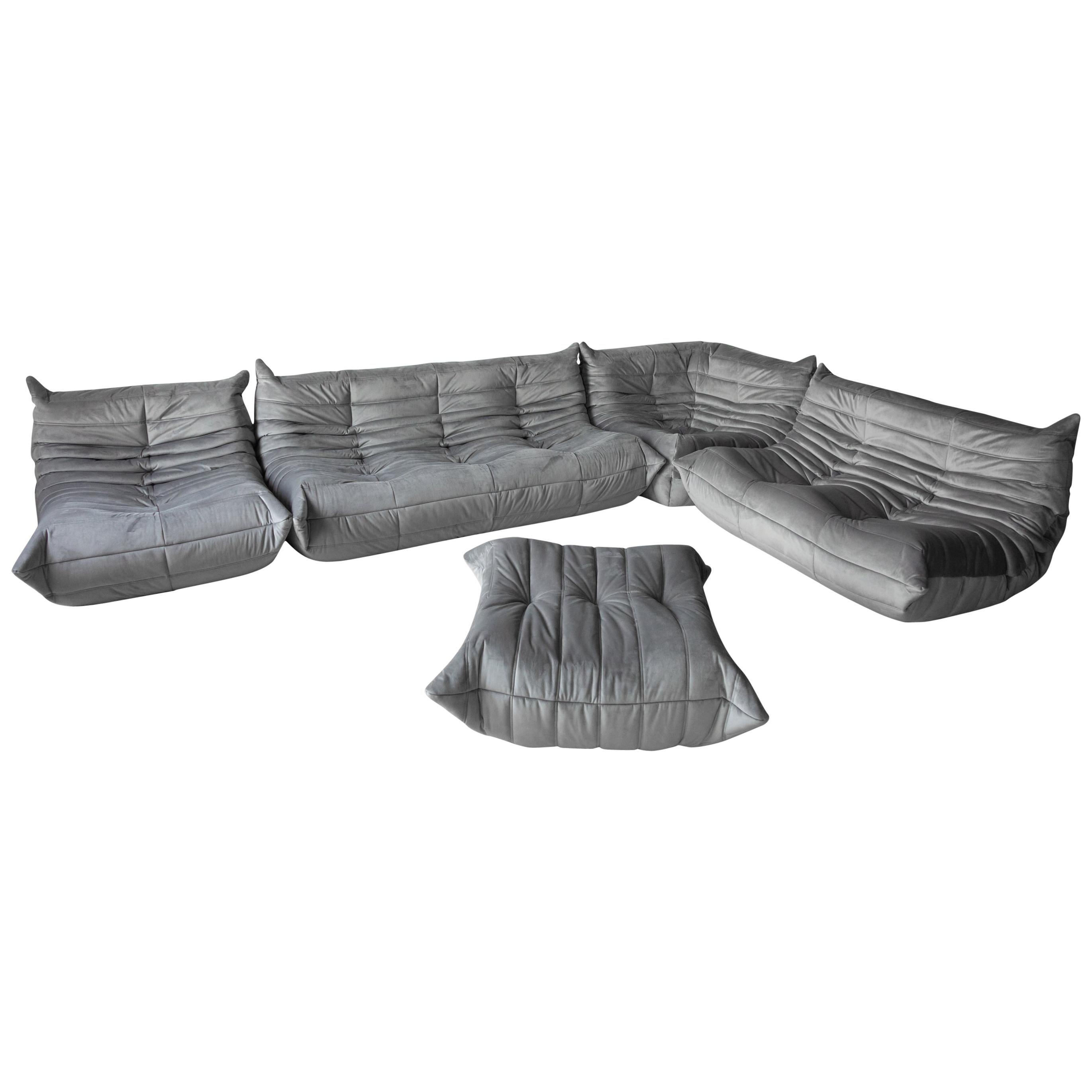 Grey Velvet Togo Sofa Set by Michel Ducaroy for Ligne Roset, Set of 5 For Sale