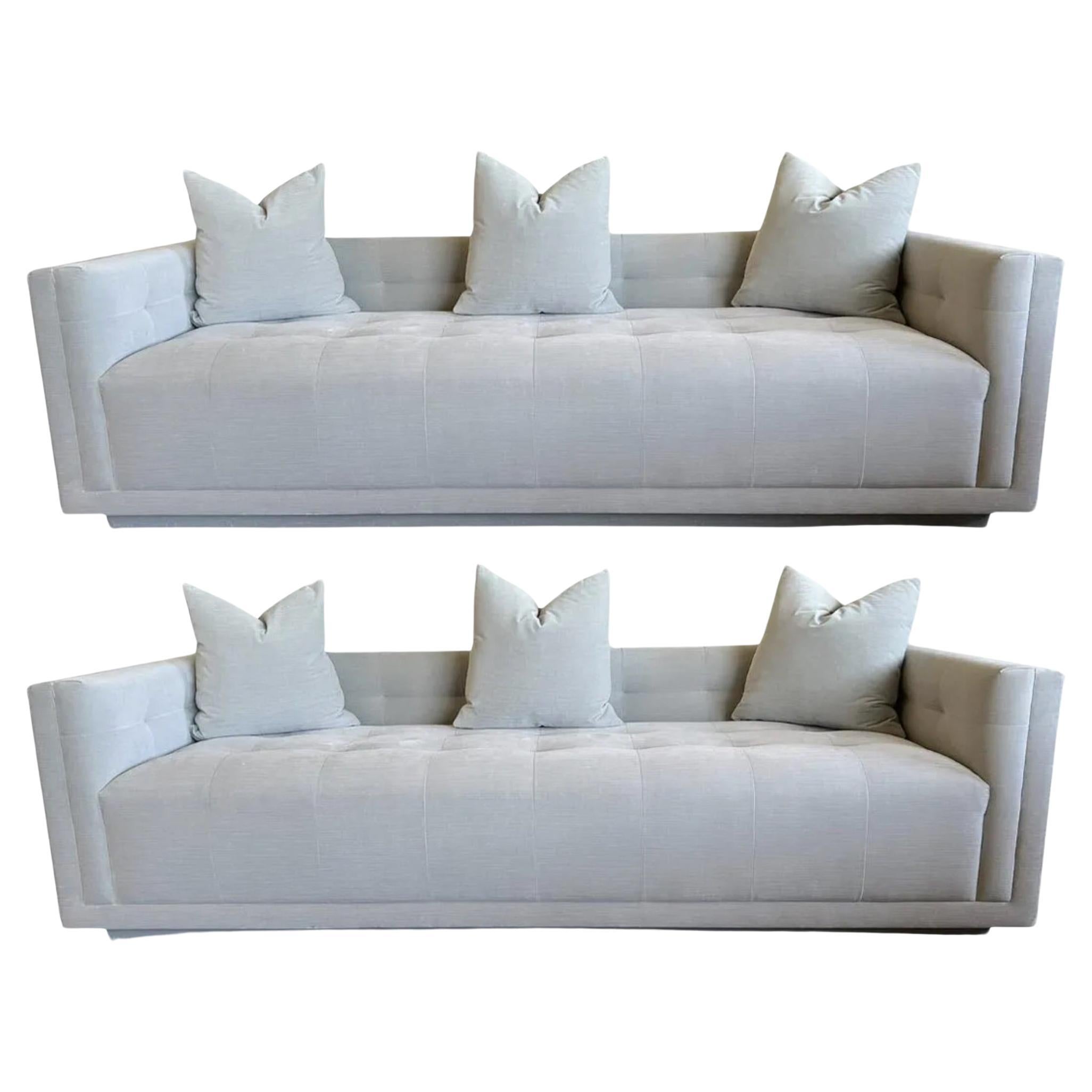 Grey Velvet Tufted Shelter Style Sofas, a Pair  For Sale