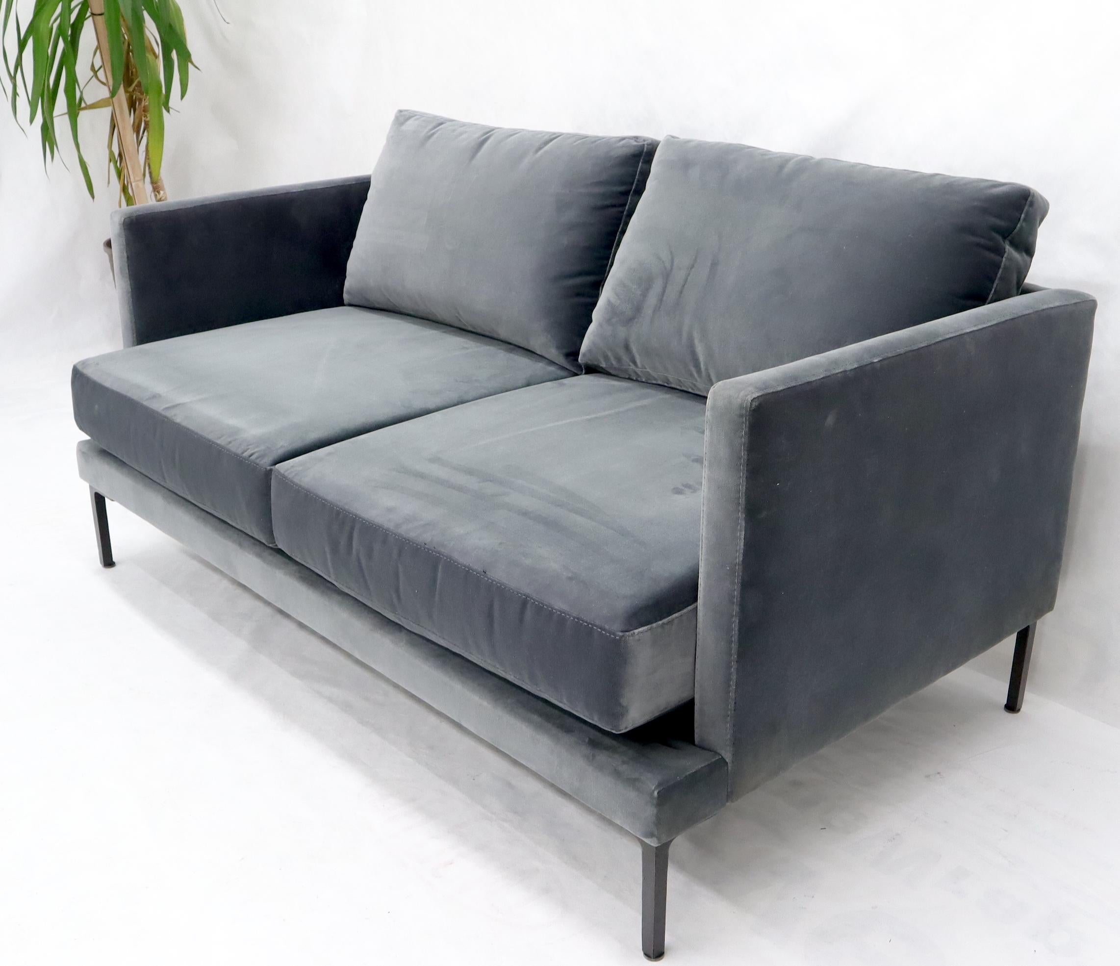 Mid-Century Modern style grey velvet upholstery sofa loveseat.