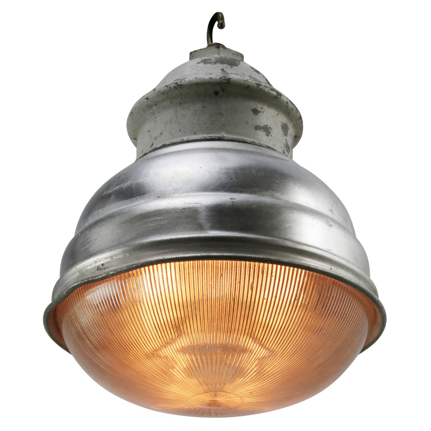 French Grey Vintage Industrial Clear Striped Glass Pendant Lamp by Holophane, Paris