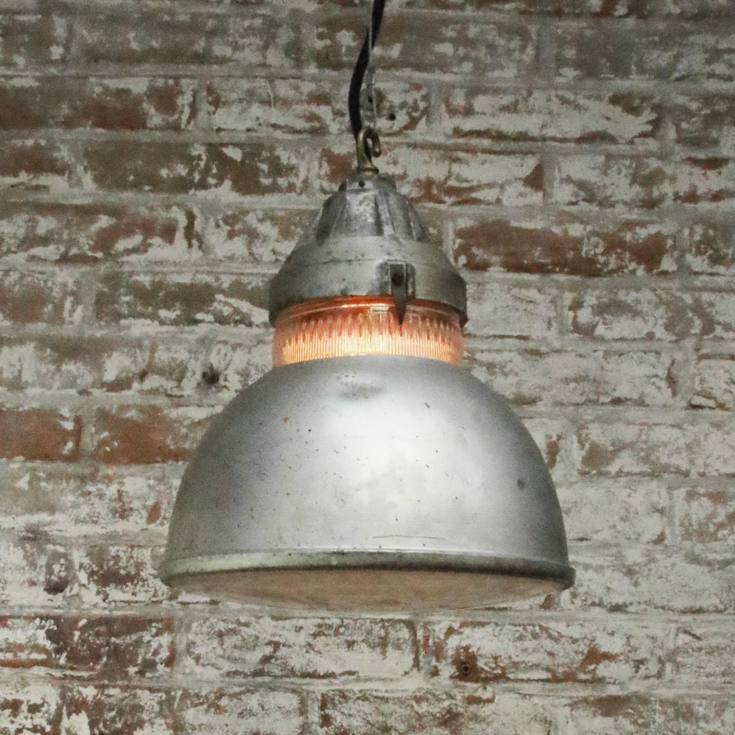 Cast Grey Vintage Industrial Clear Striped Glass Pendant Lamp by Holophane, Paris