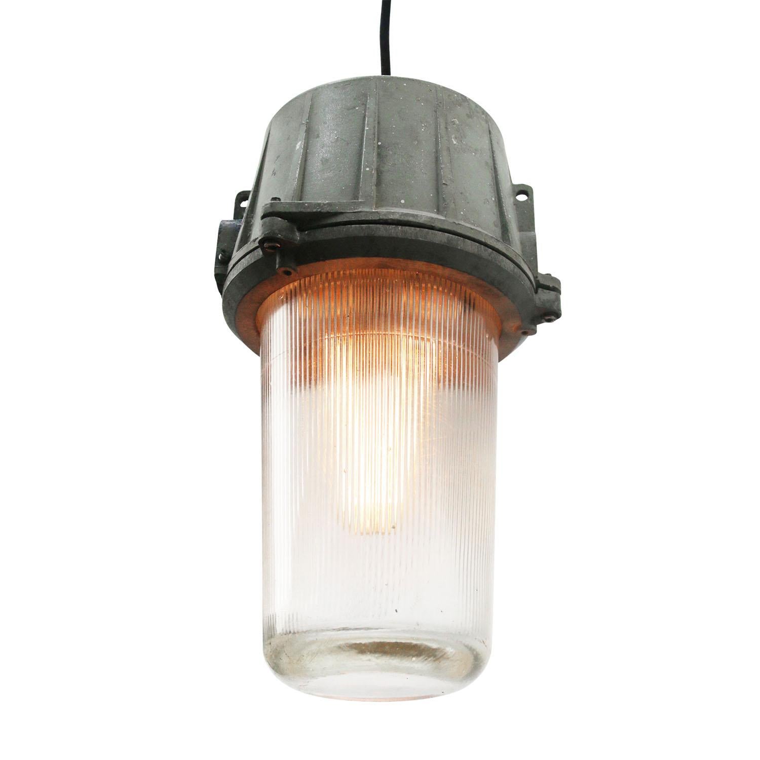 Industrial hanging lamp by Tran Star, UK
model SK23034
gray cast aluminium
striped clear glass

Weight: 4.20 kg / 9.3 lb

Priced per individual item. All lamps have been made suitable by international standards for incandescent light bulbs,