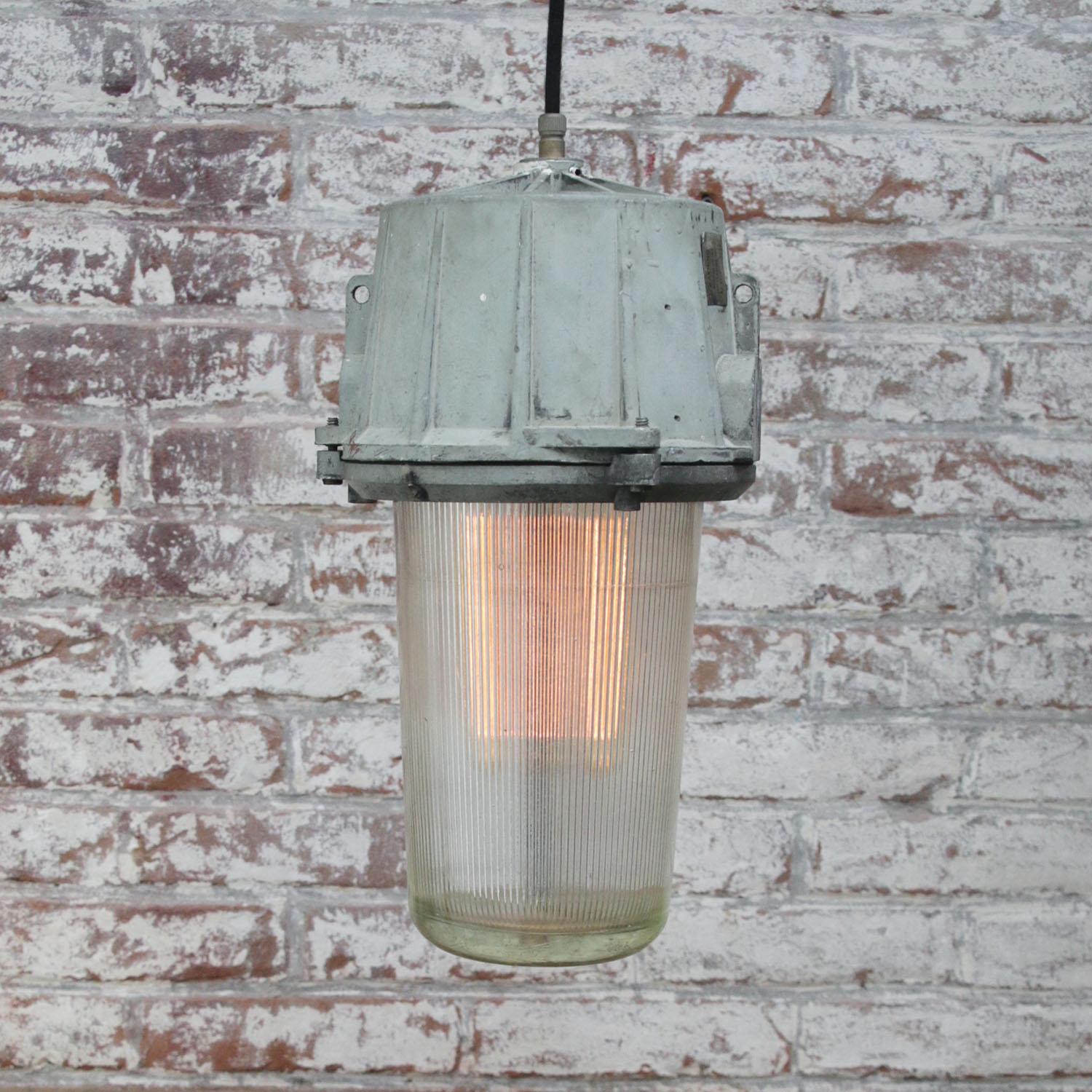 British Grey Vintage Industrial Holophane Glass Pendant Light For Sale
