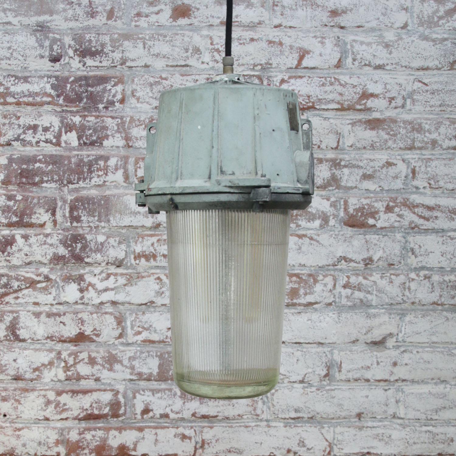 20th Century Grey Vintage Industrial Holophane Glass Pendant Light For Sale