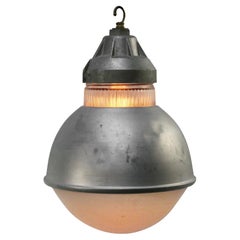 Grey Vintage Industrial Striped Frosted Glass Pendant Lamp by Holophane, Paris