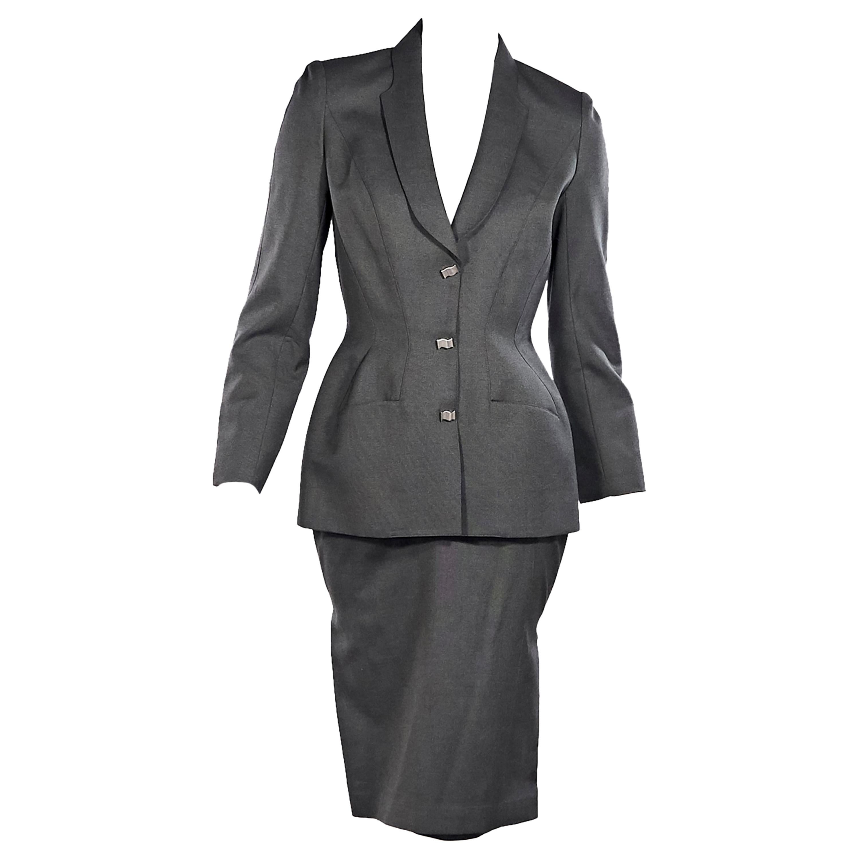 Grey Vintage Thierry Mugler Wool Skirt Suit Set