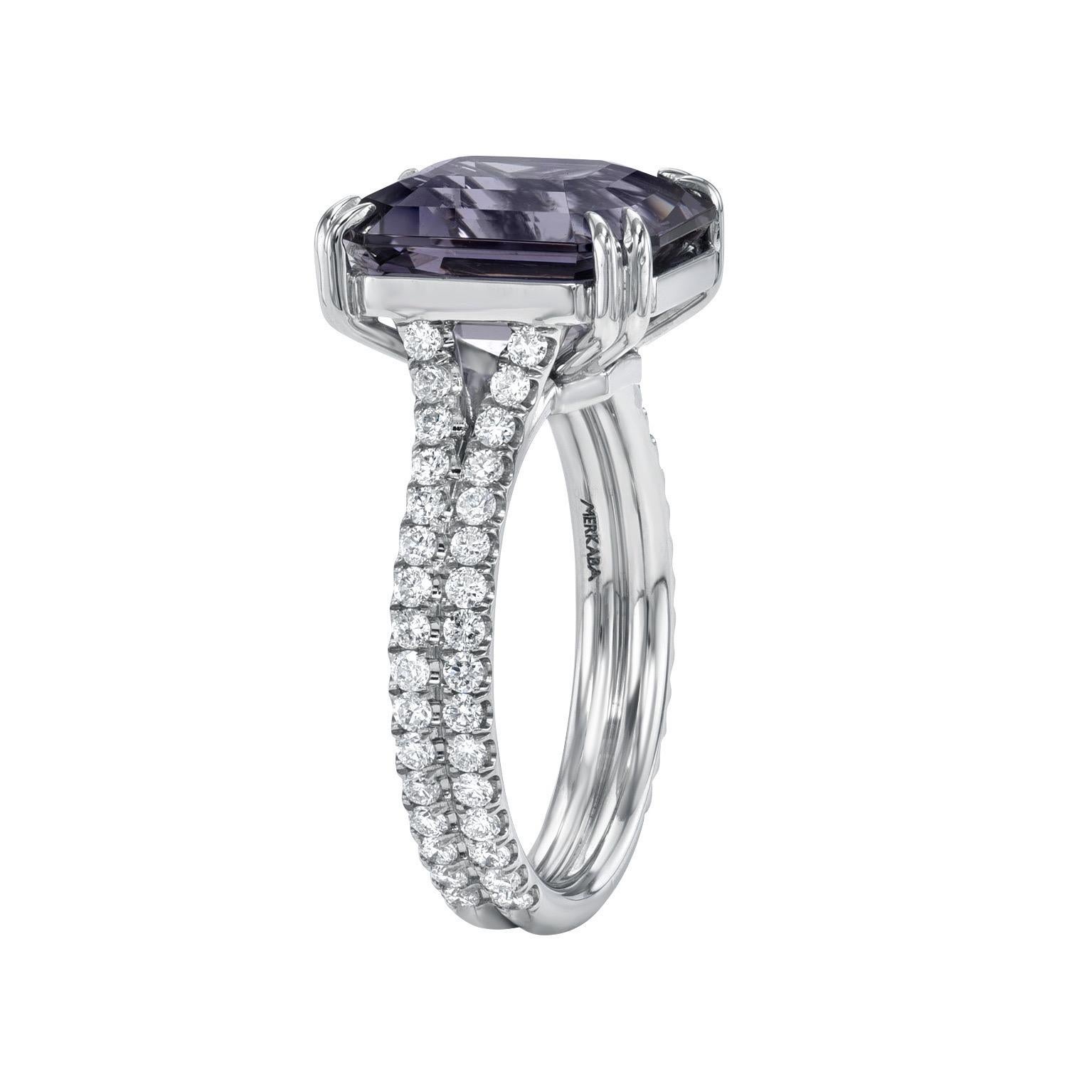 Exceptional 6.18 carat, flawless Grey-Purple Spinel emerald-cut platinum ring, decorated with a total of 0.64 carat round brilliant collection diamonds.
Ring size 6. Resizing is complementary upon request.
Crafted by extremely skilled hands in the