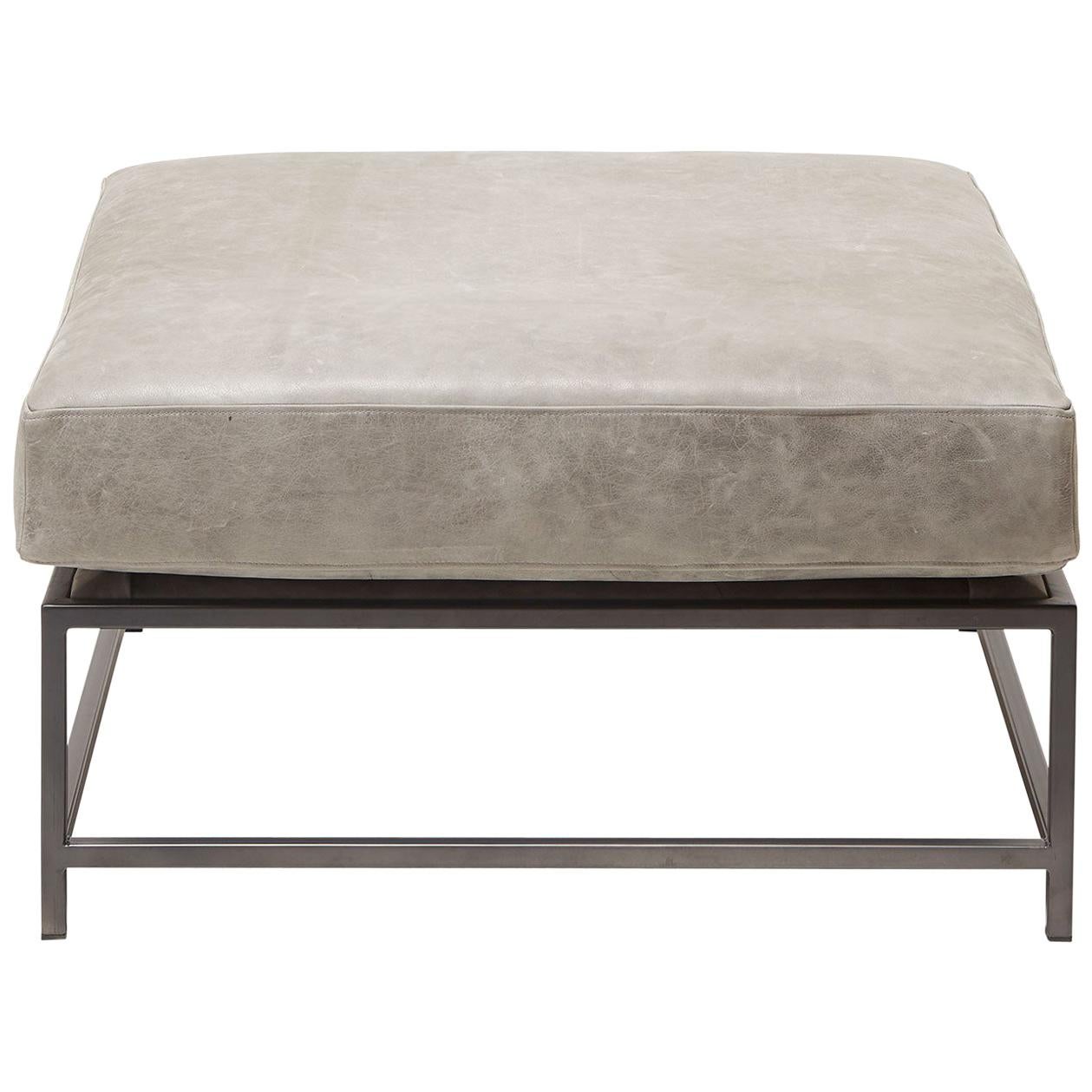 Grey Waxed Leather Ottoman with Charcoal Powdercoat Frame For Sale