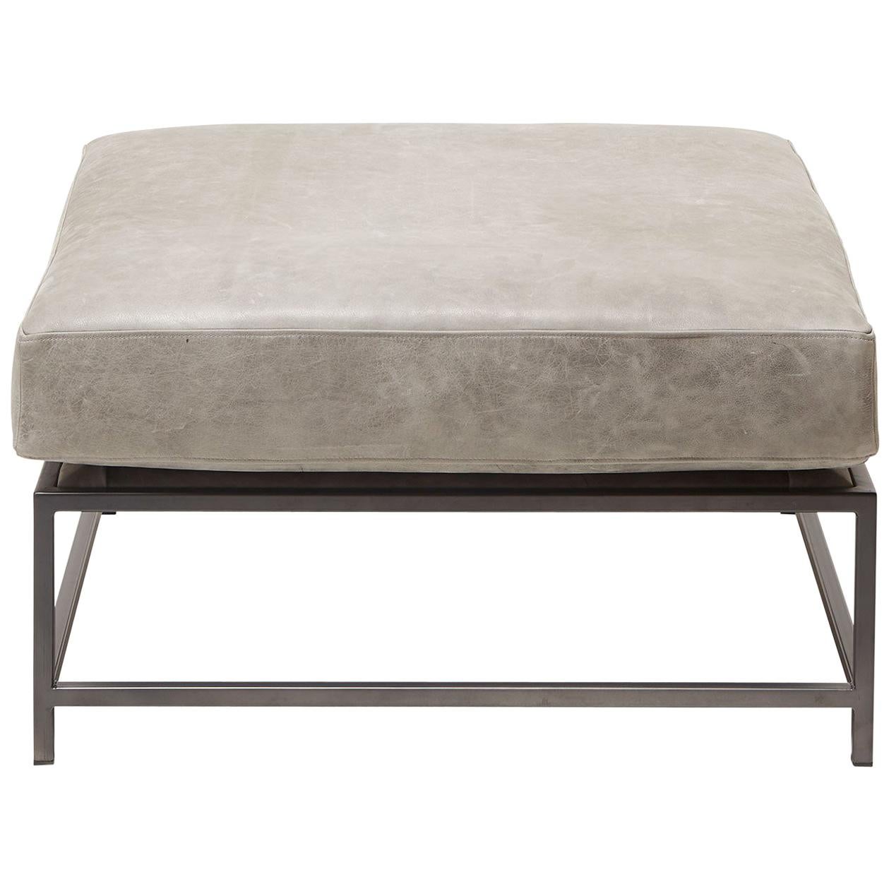 Pouf en cuir ciré gris avec cadre en revêtement en poudre anthracite