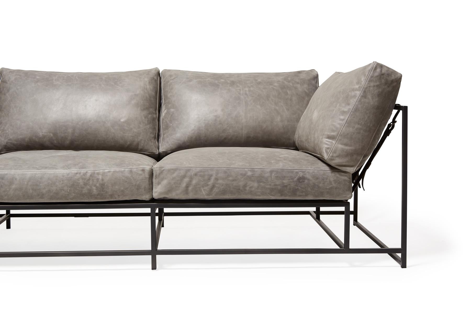 Metalwork Grey Waxed Leather Sofa with Charcoal Powdercoat For Sale