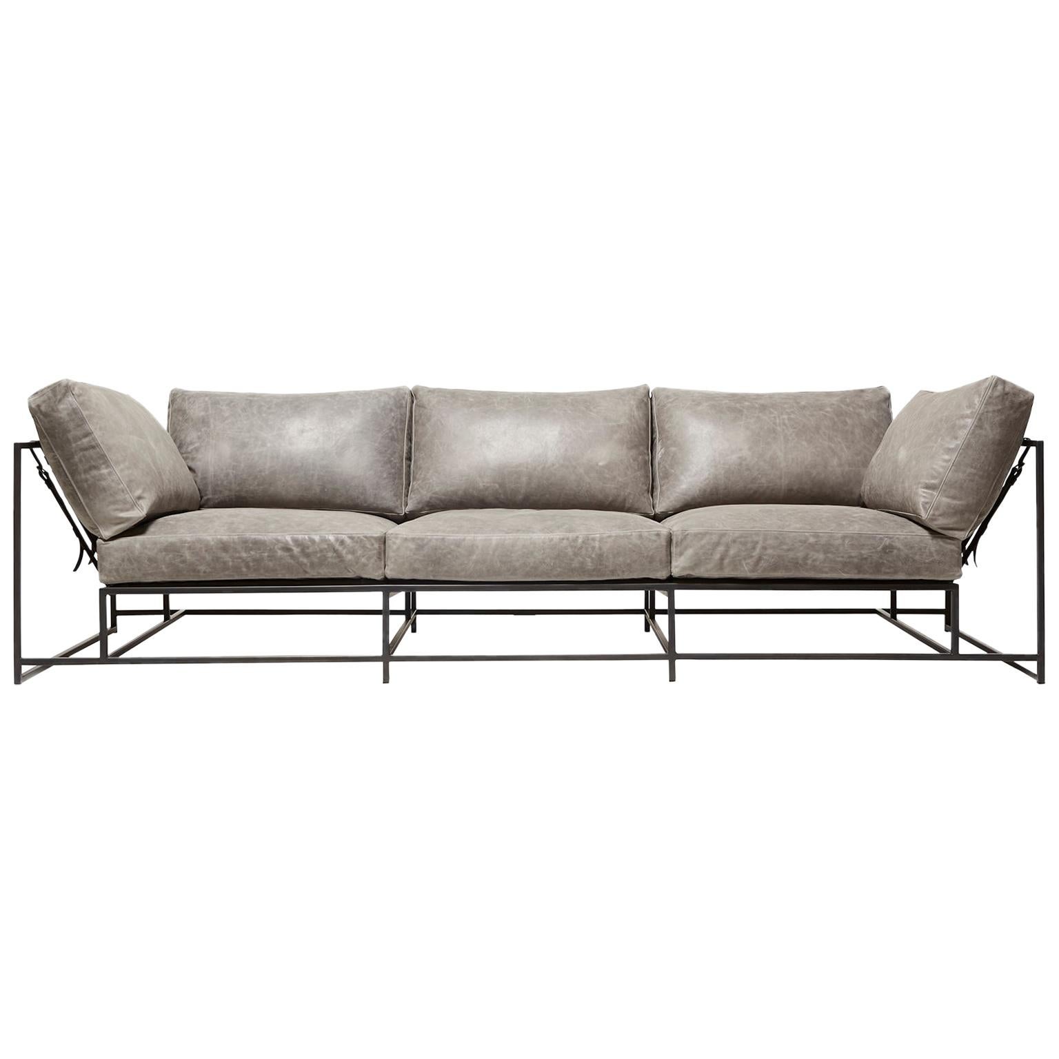 Grey Waxed Leather Sofa with Charcoal Powdercoat For Sale
