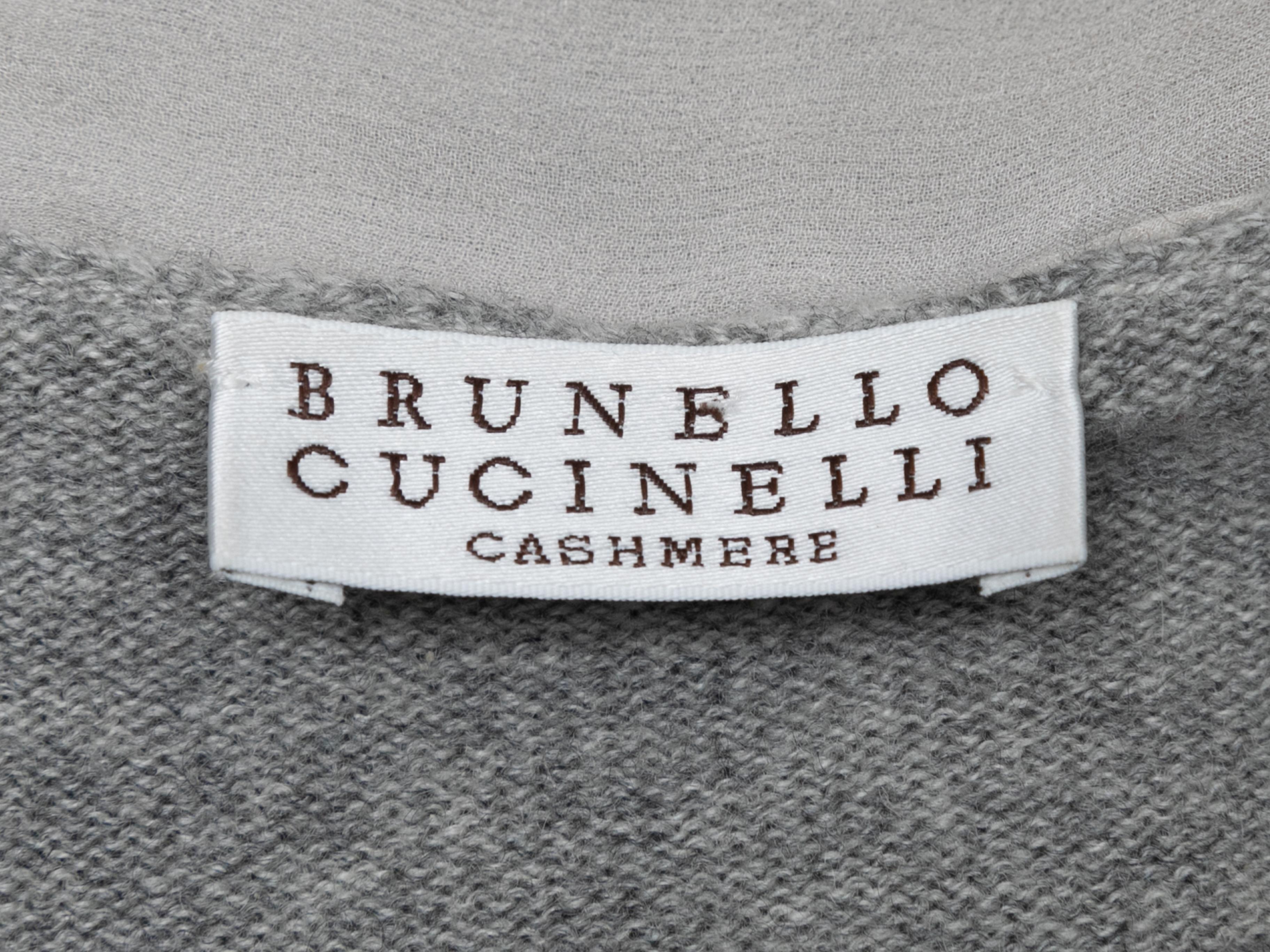 Grey cashmere and white silk-trimmed cardigan by Brunello Cucinelli. Sash tie closure at waist. 30